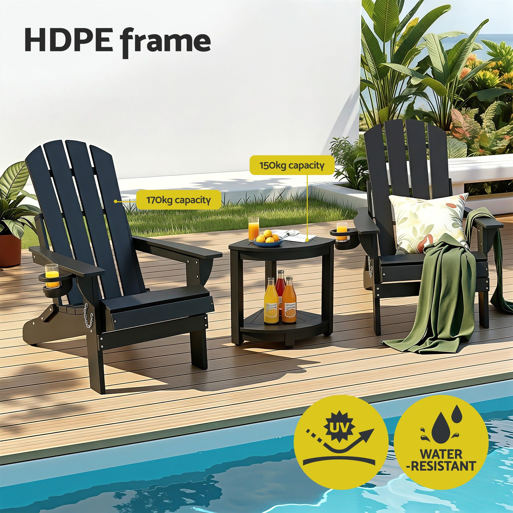 3-Piece Folding Adirondack Outdoor Table and Chairs Set - Black