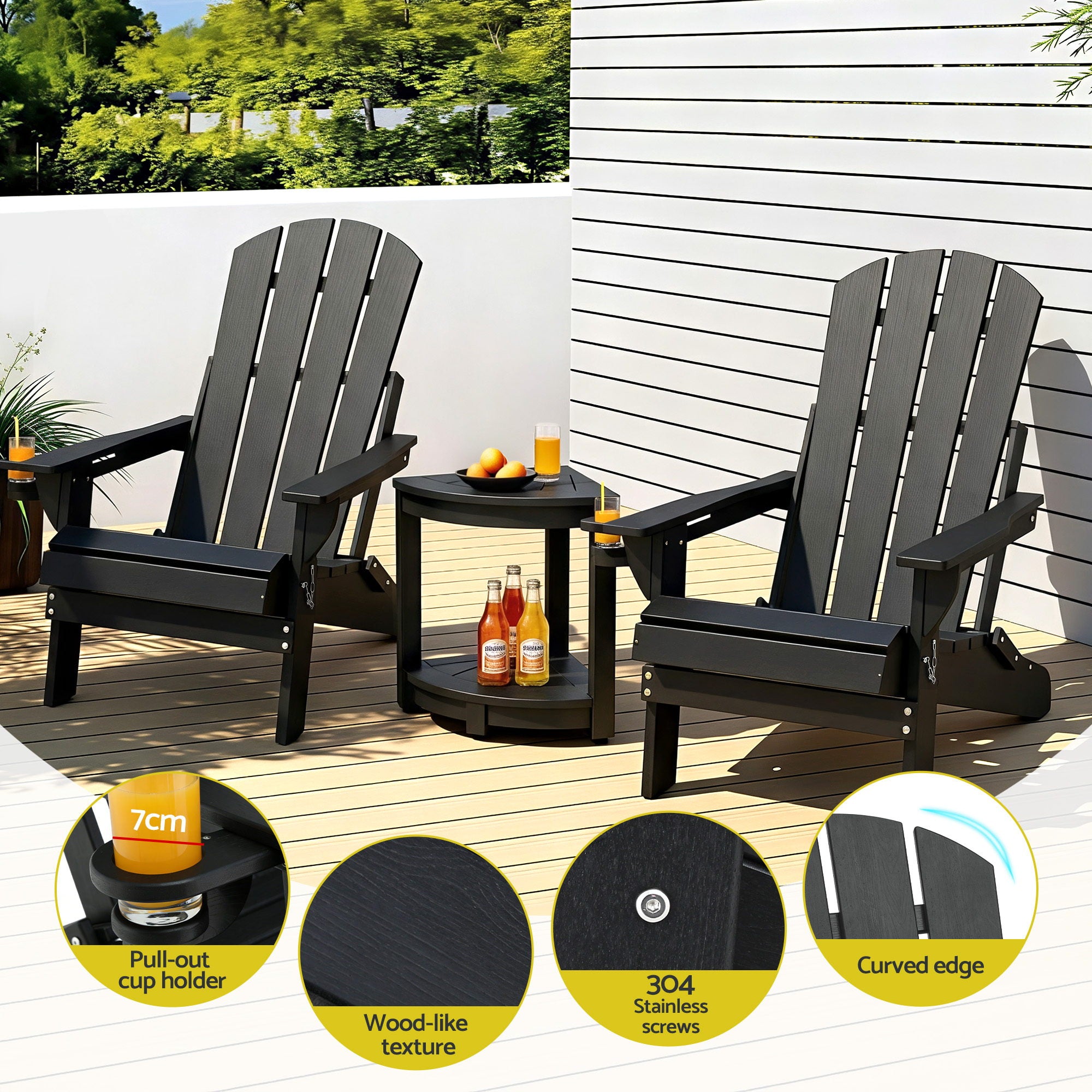 3-Piece Folding Adirondack Outdoor Table and Chairs Set - Black