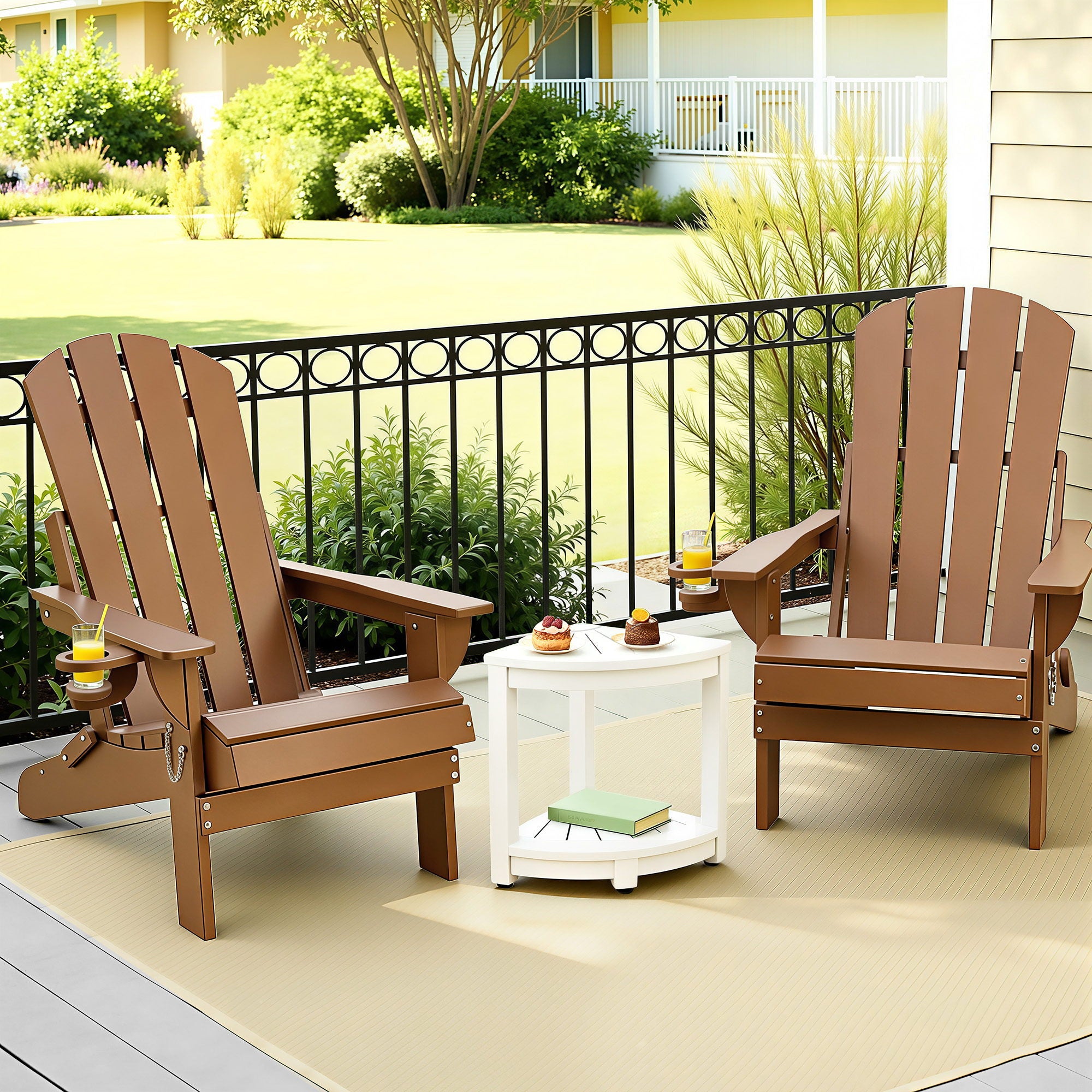 3-Piece Outdoor Folding Adirondack Table and Chairs Set - Brown & White