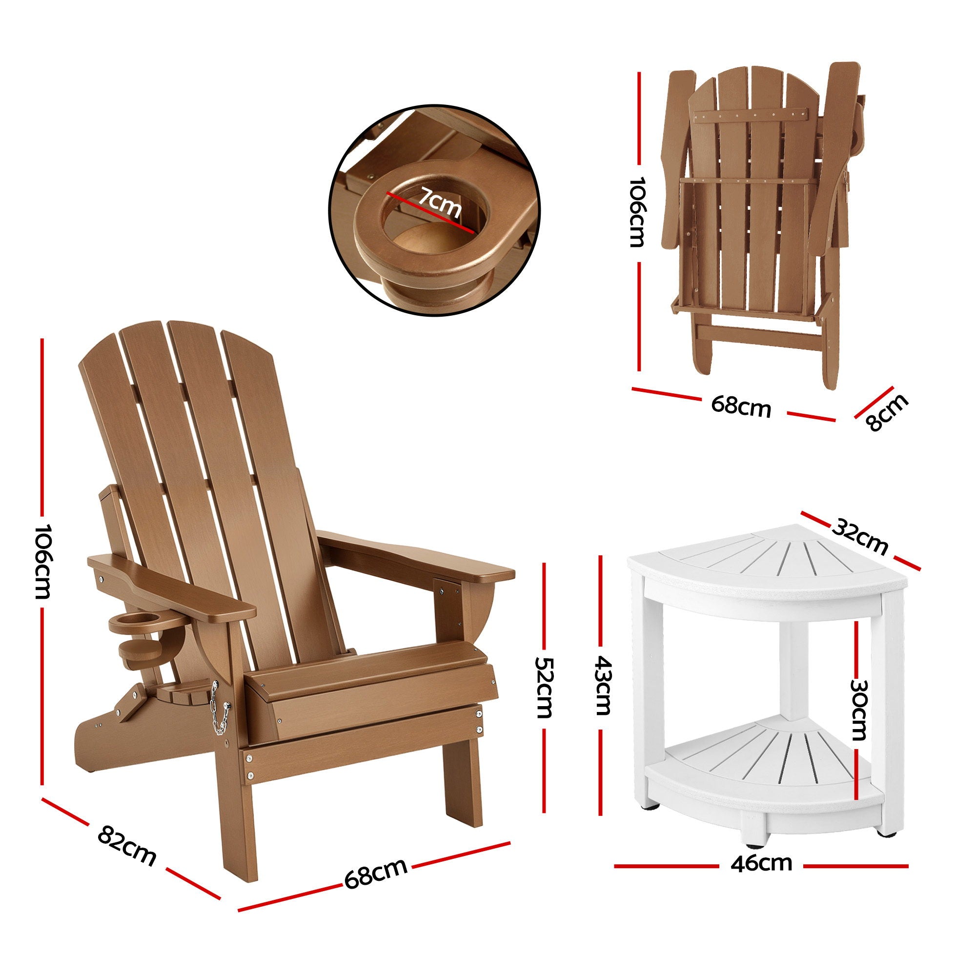 3-Piece Outdoor Folding Adirondack Table and Chairs Set - Brown & White