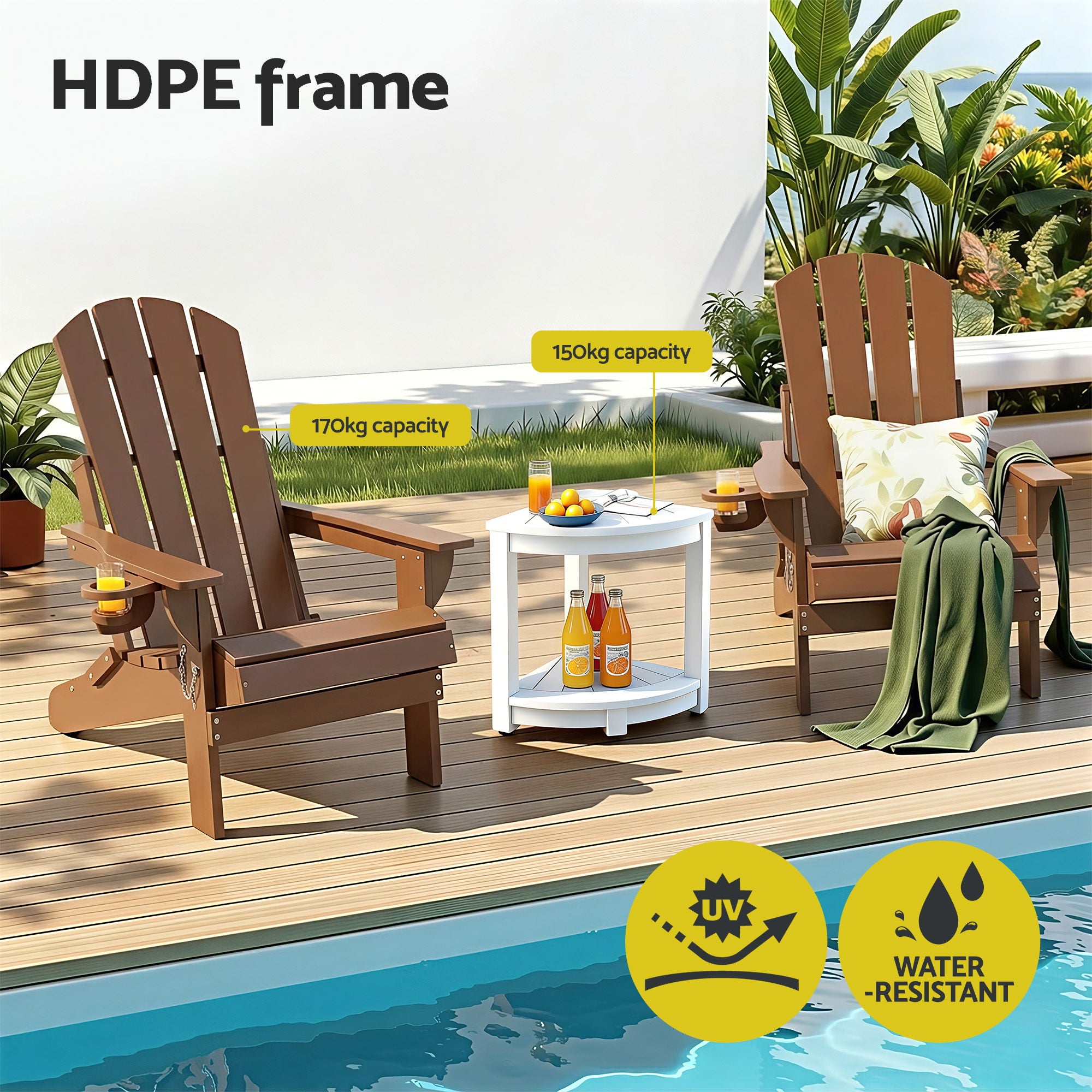 3-Piece Outdoor Folding Adirondack Table and Chairs Set - Brown & White