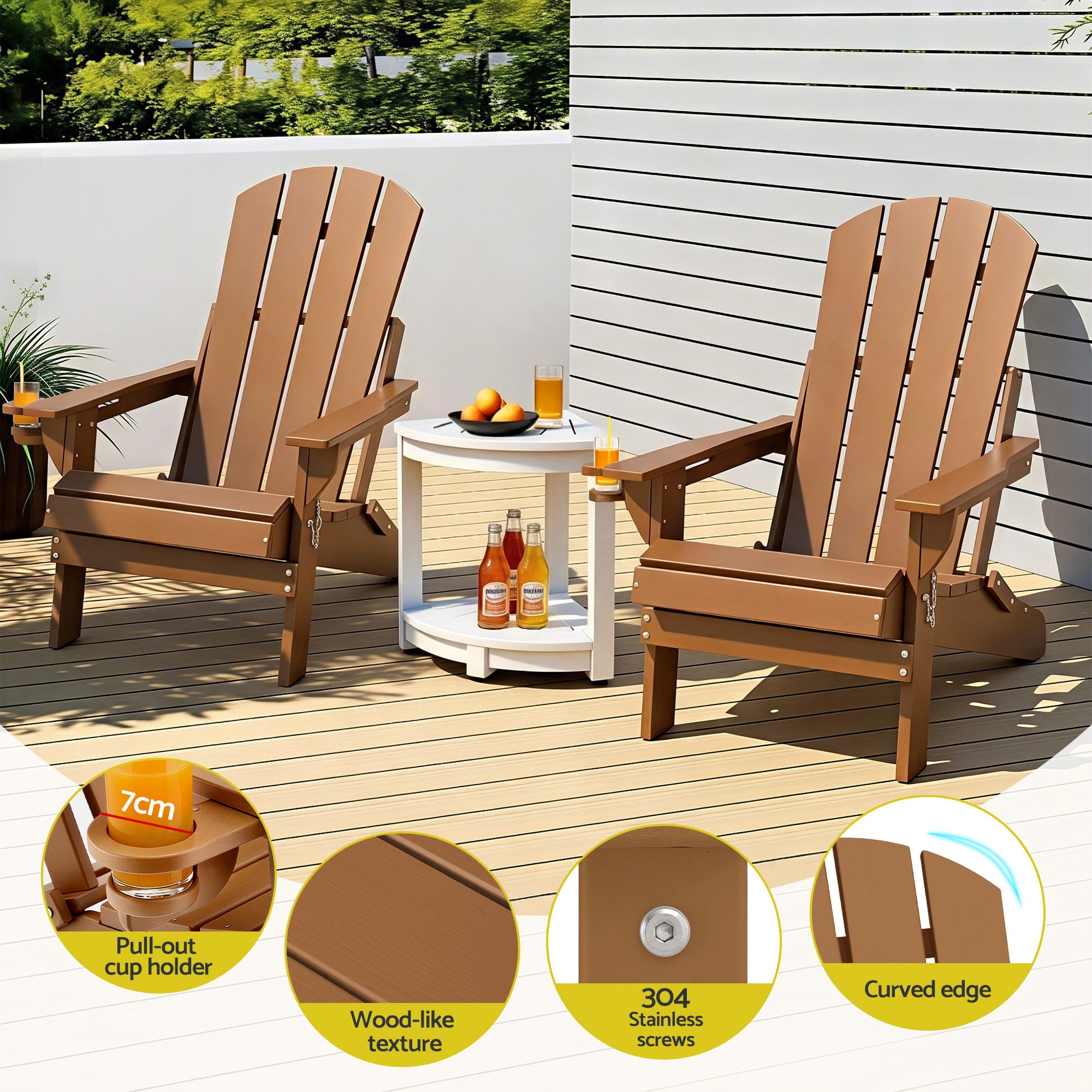 3-Piece Outdoor Folding Adirondack Table and Chairs Set - Brown & White