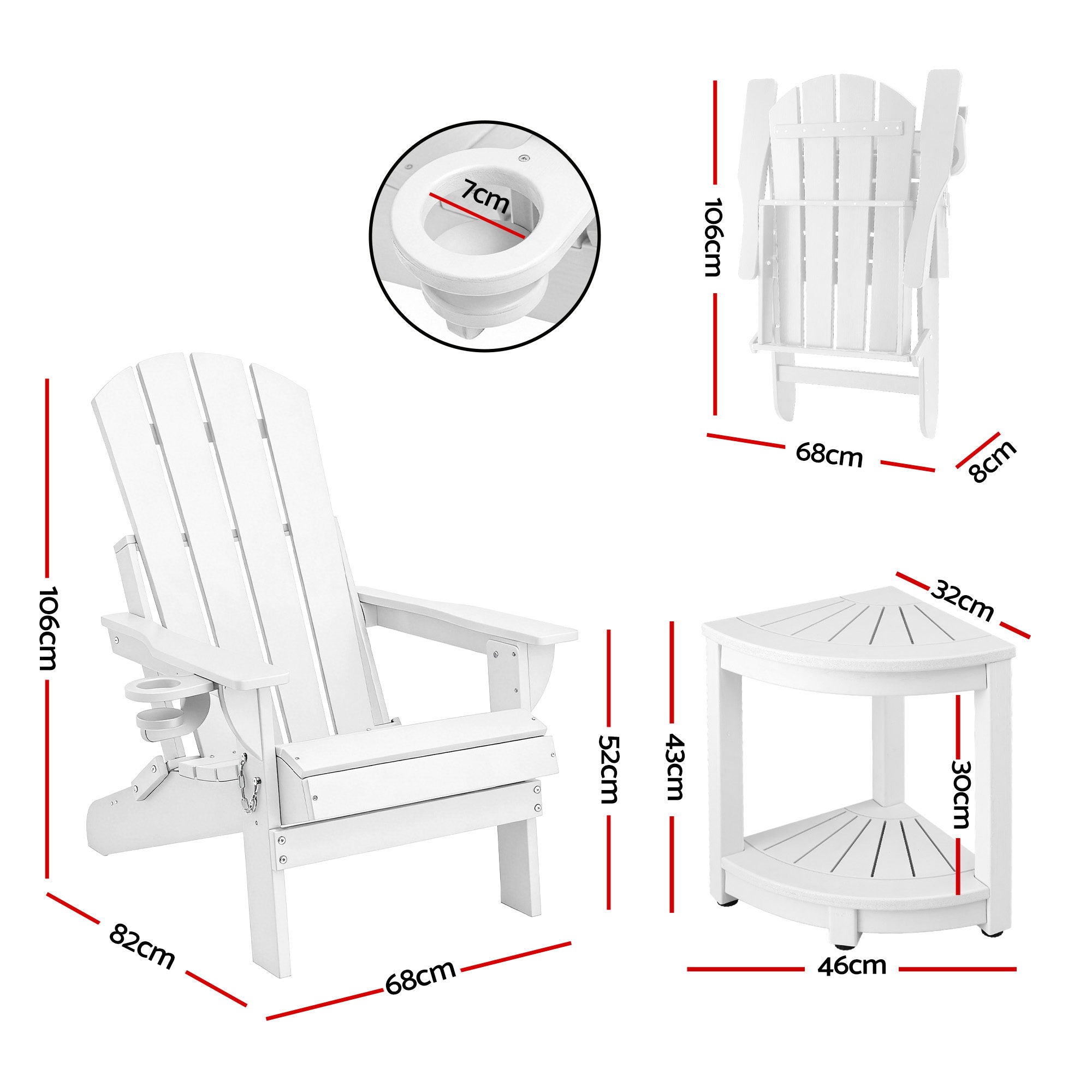3-Piece Folding Adirondack Outdoor Table and Chairs Set - White