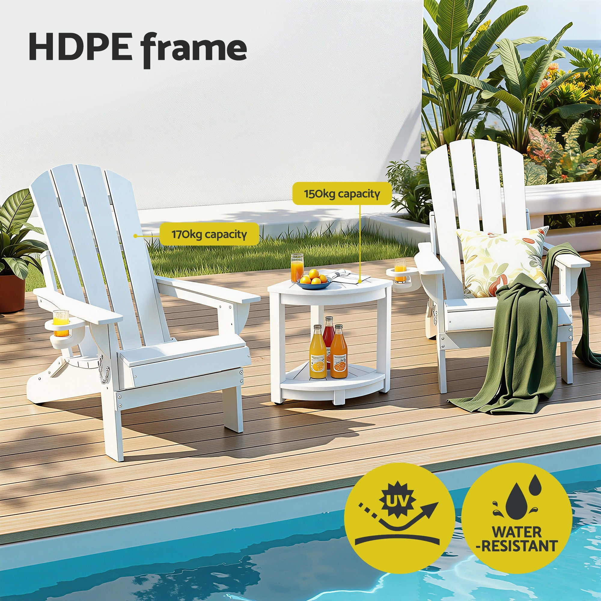 3-Piece Folding Adirondack Outdoor Table and Chairs Set - White