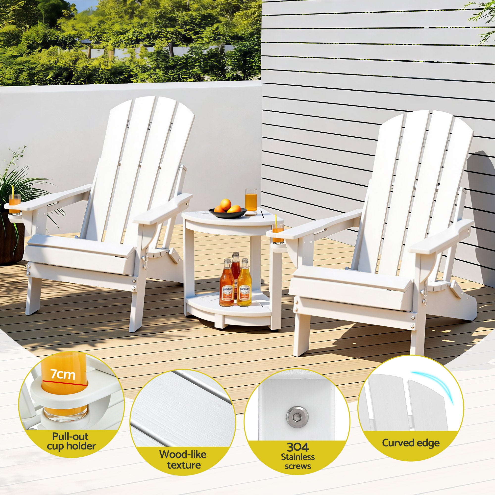 3-Piece Folding Adirondack Outdoor Table and Chairs Set - White