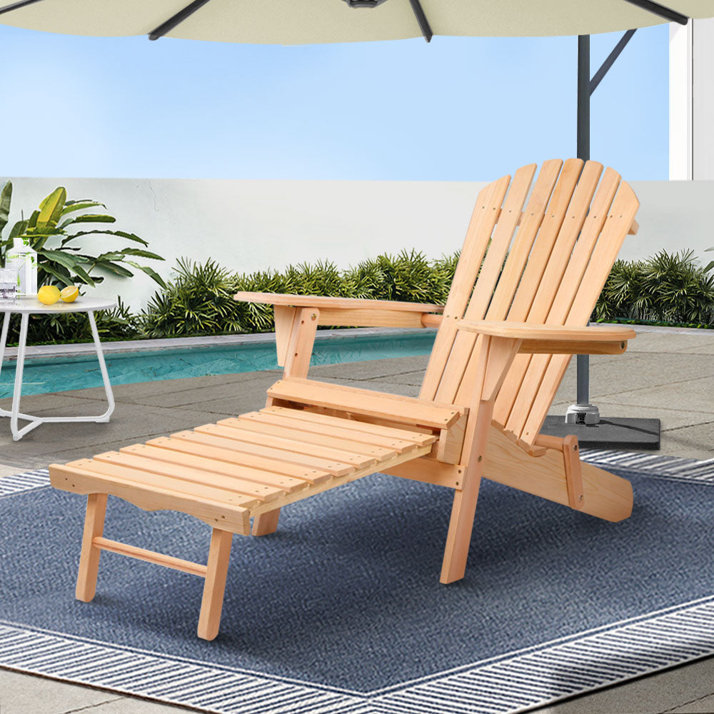 Adirondack Outdoor Wooden Sun Lounge Chair with Footstool - Natural