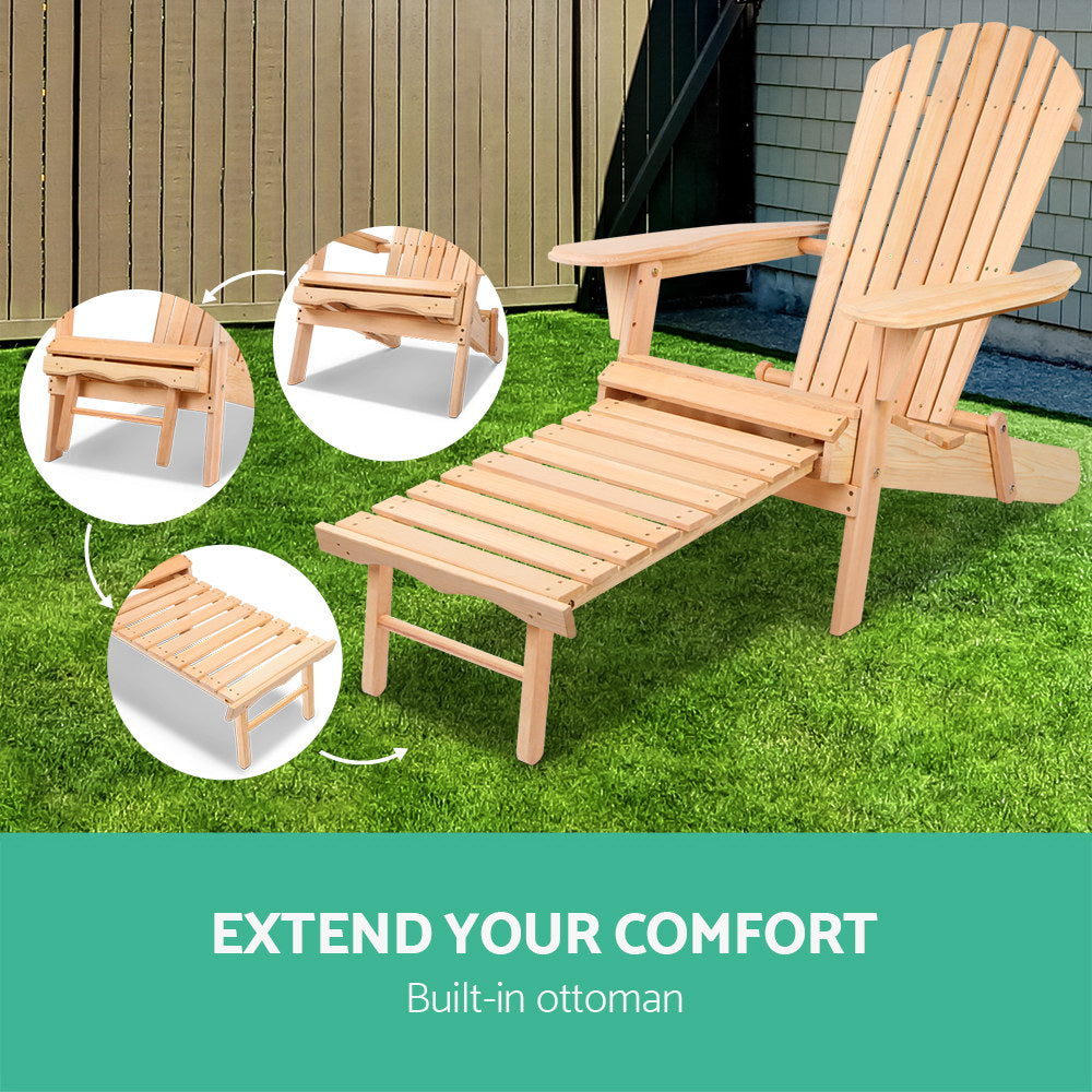 Adirondack Outdoor Wooden Sun Lounge Chair with Footstool - Natural