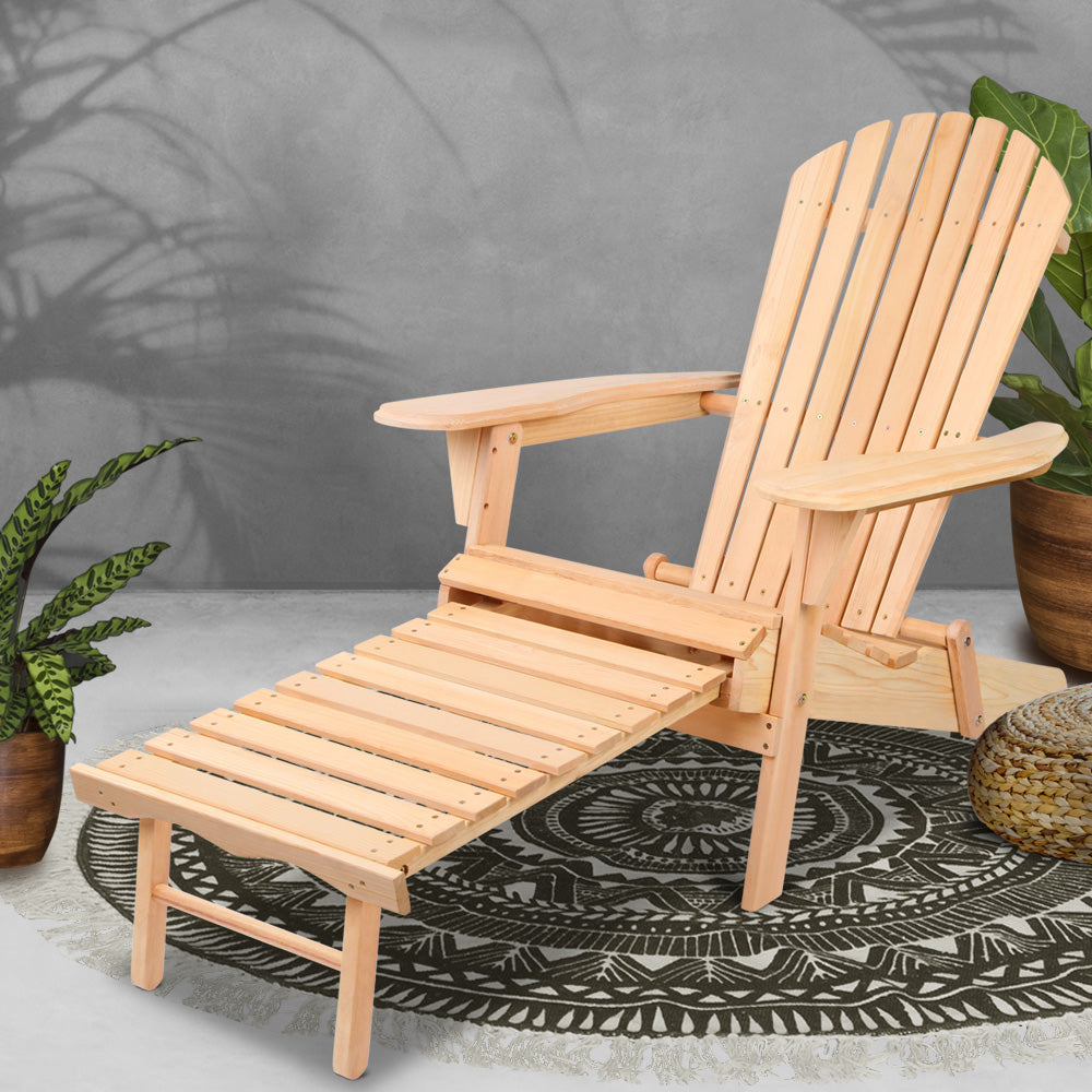 Adirondack Outdoor Wooden Sun Lounge Chair with Footstool - Natural
