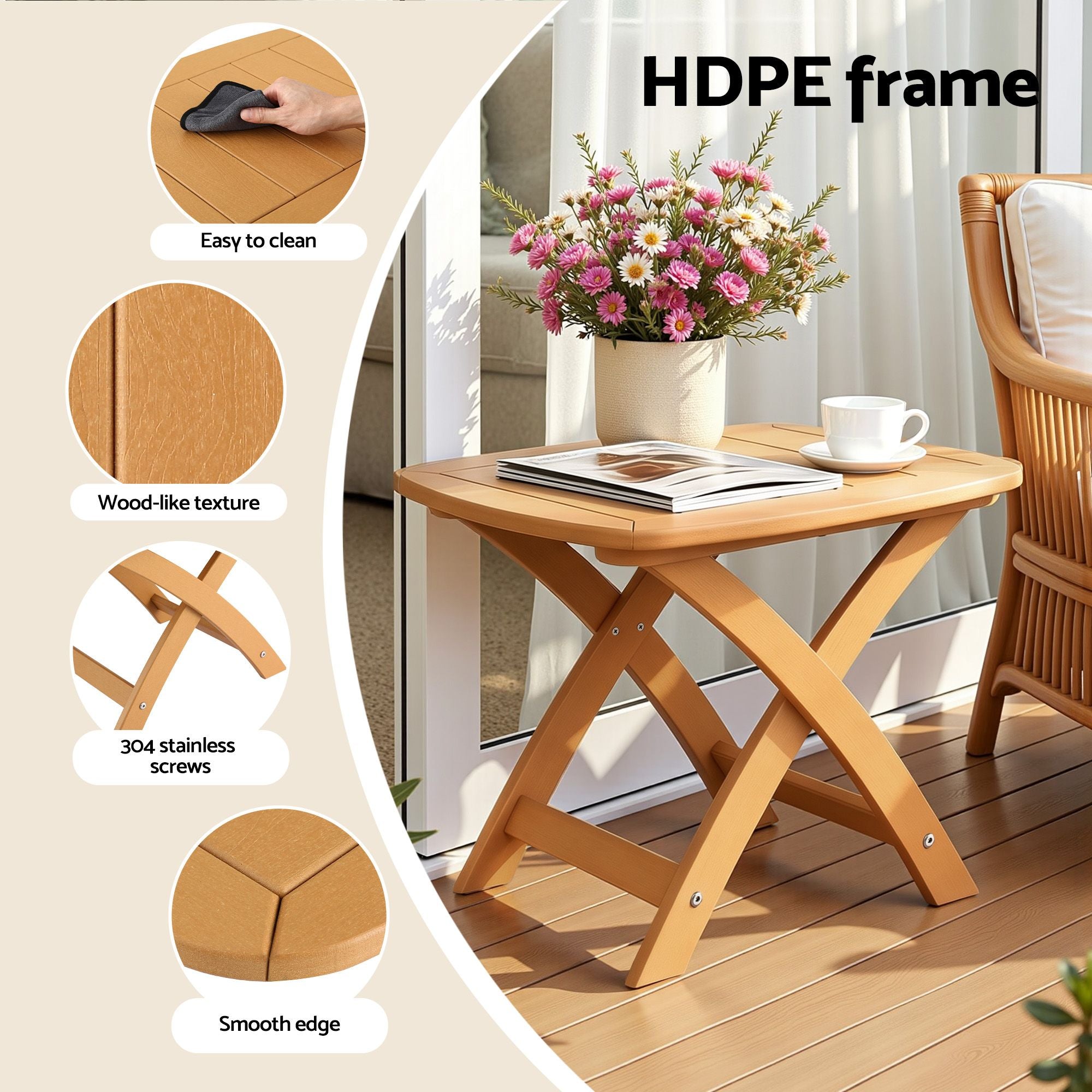 Outdoor Coffee Side Table HDPE Desk Indoor Patio Furniture Garden Natural