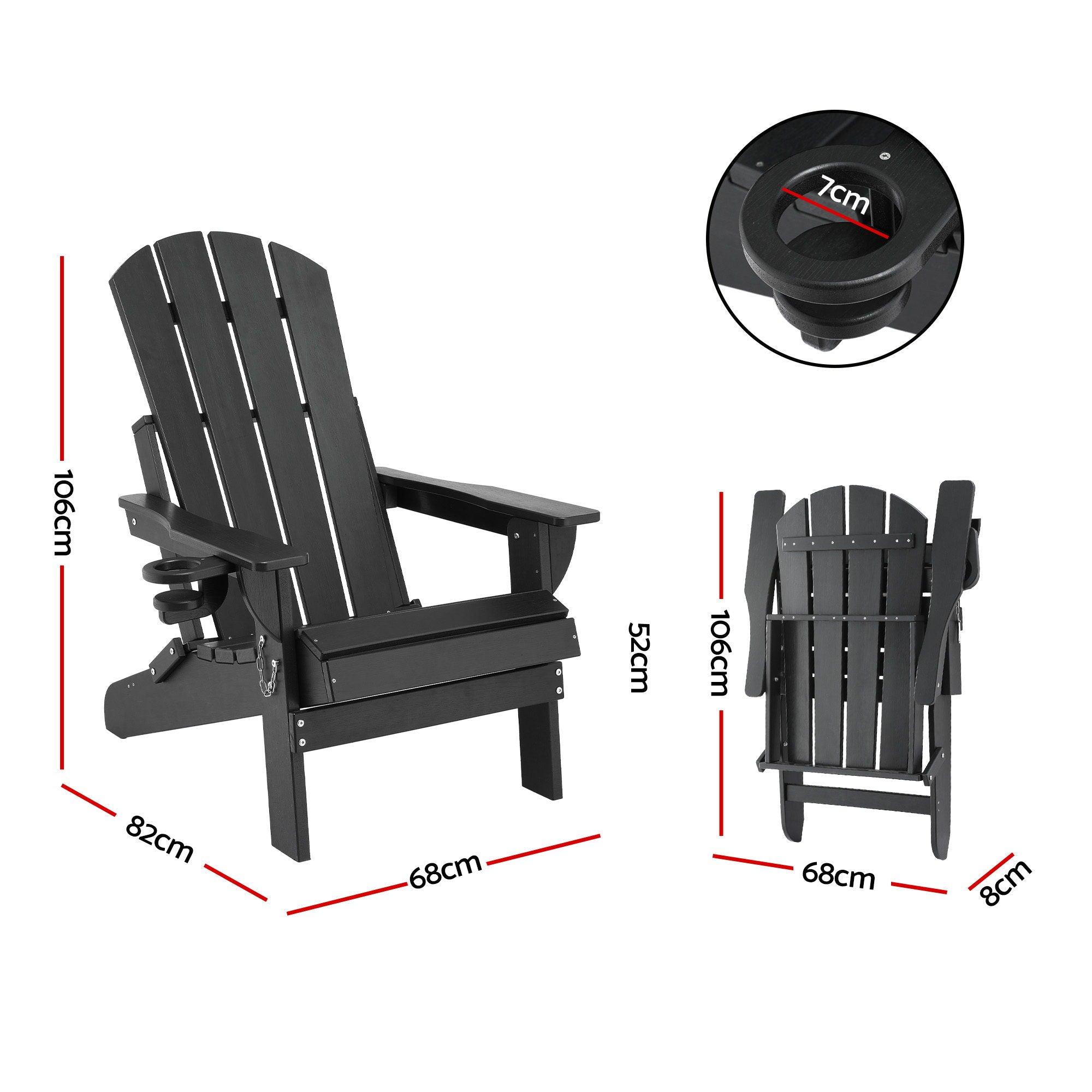 Folding Adirondack Outdoor Beach Chair HDPE Sun Lounge Patio Furniture - Black