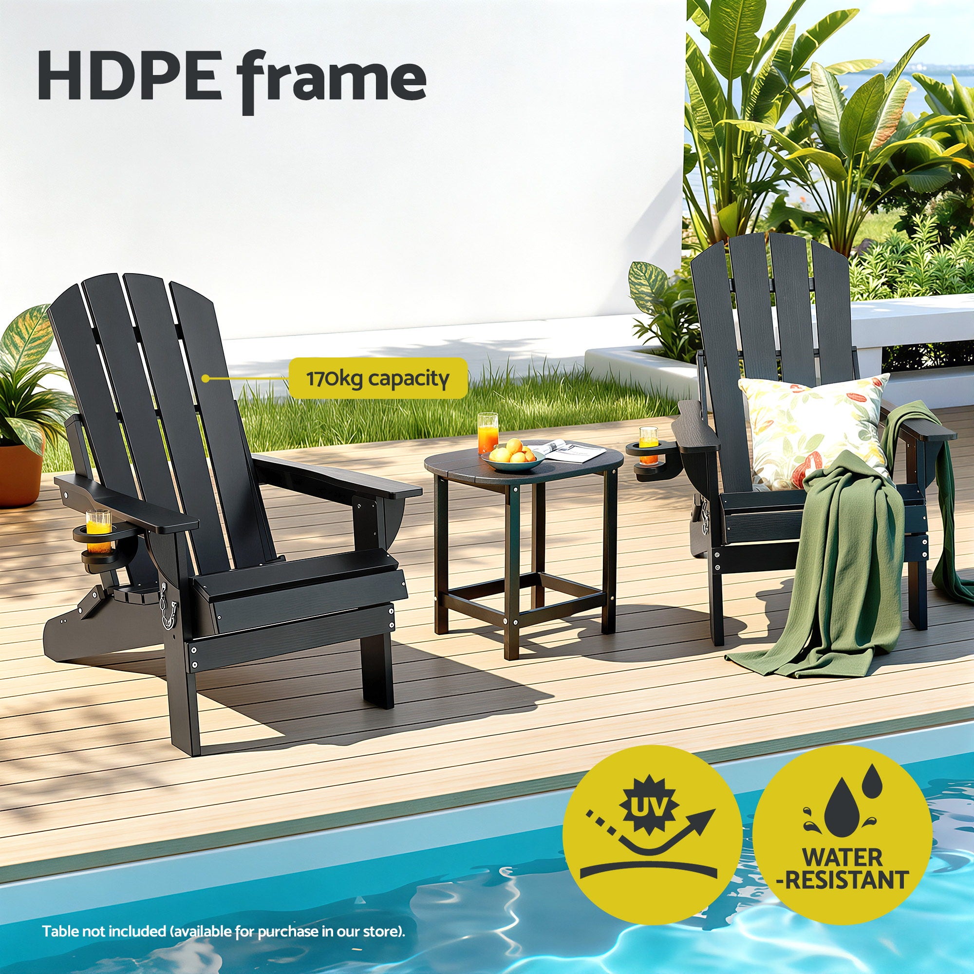 Folding Adirondack Outdoor Beach Chair HDPE Sun Lounge Patio Furniture - Black