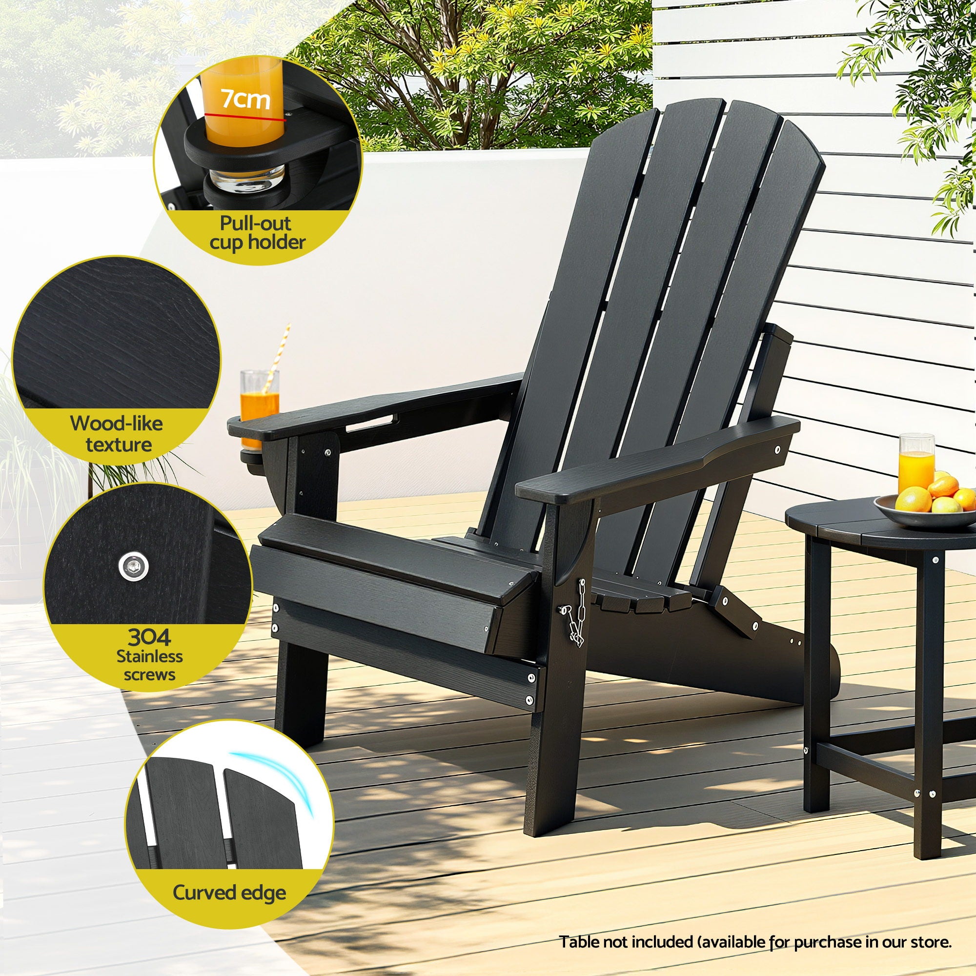 Folding Adirondack Outdoor Beach Chair HDPE Sun Lounge Patio Furniture - Black