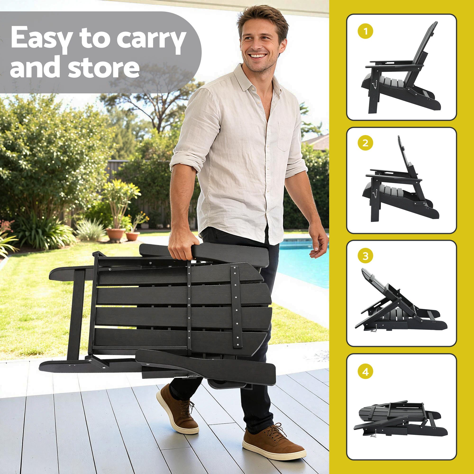 Folding Adirondack Outdoor Beach Chair HDPE Sun Lounge Patio Furniture - Black