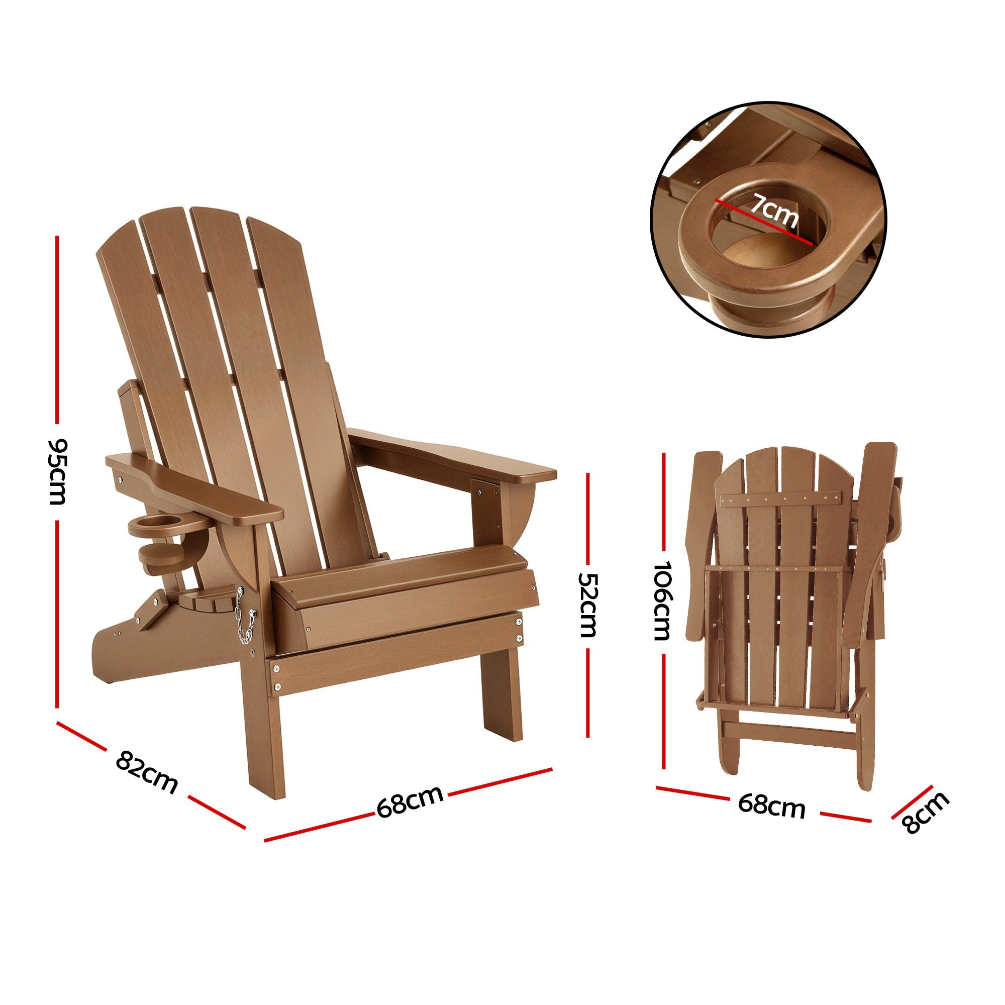 Folding Adirondack Outdoor Beach Chair HDPE Sun Lounge Patio Furniture - Brown