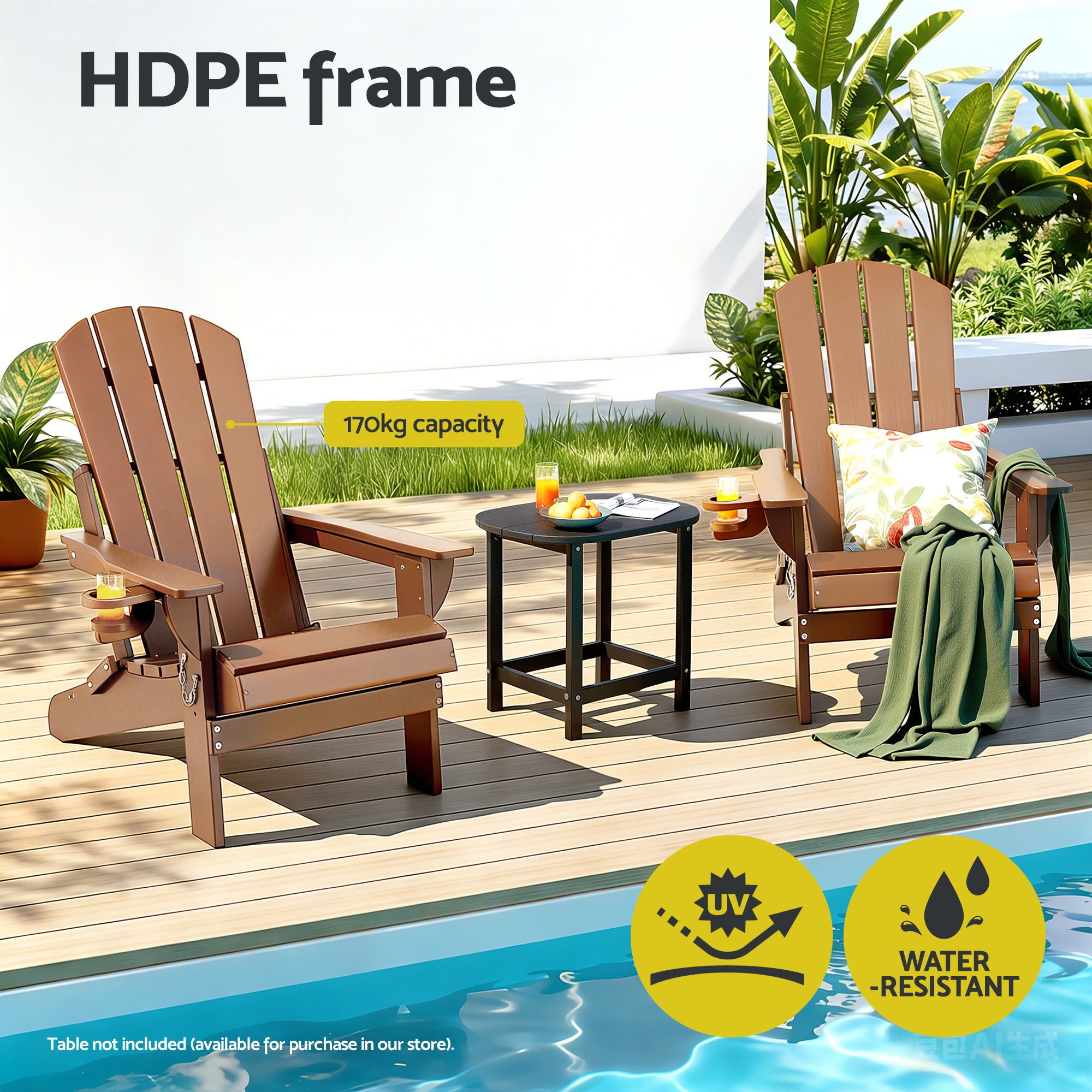 Folding Adirondack Outdoor Beach Chair HDPE Sun Lounge Patio Furniture - Brown
