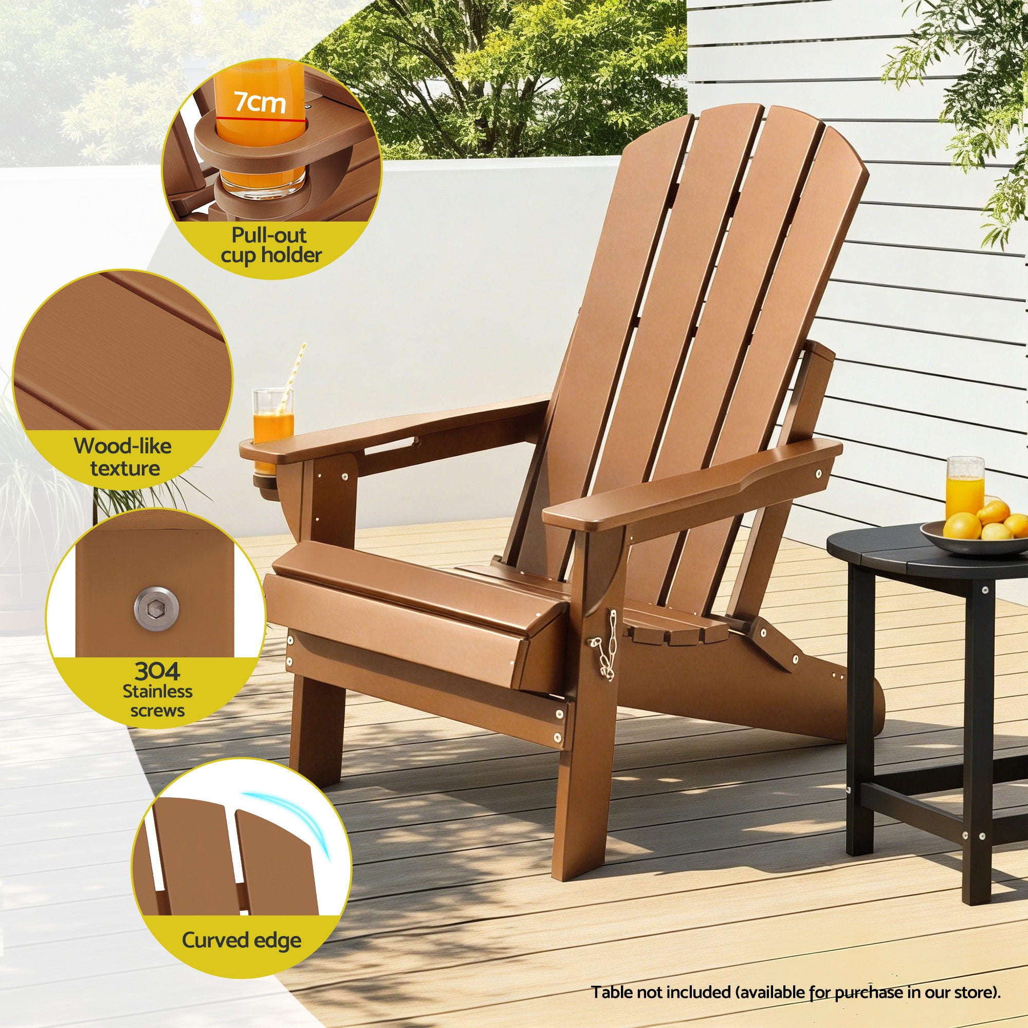 Folding Adirondack Outdoor Beach Chair HDPE Sun Lounge Patio Furniture - Brown