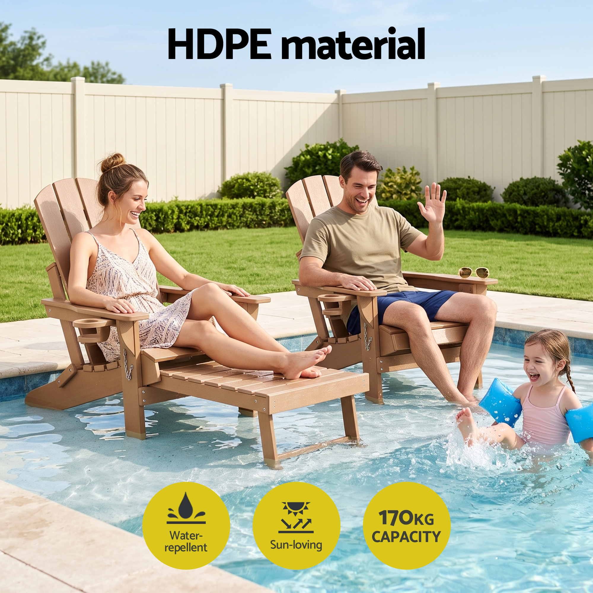 Folding Sun Lounger Adirondack Chair Outdoor Lounge Setting HDPE Recliner Footrest Khaki