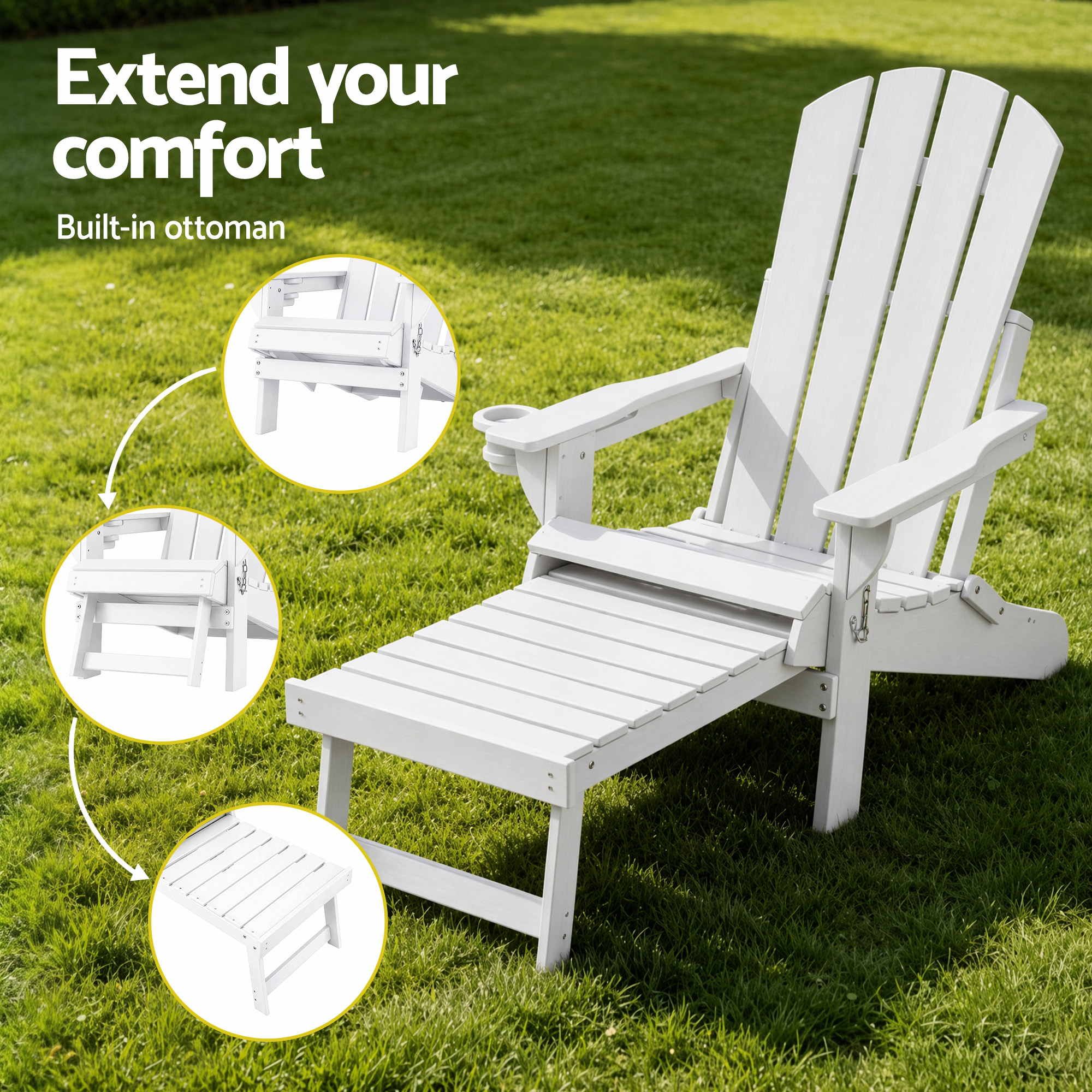 Folding Sun Lounger Adirondack Chair Outdoor Lounge Setting HDPE Recliner Footrest White