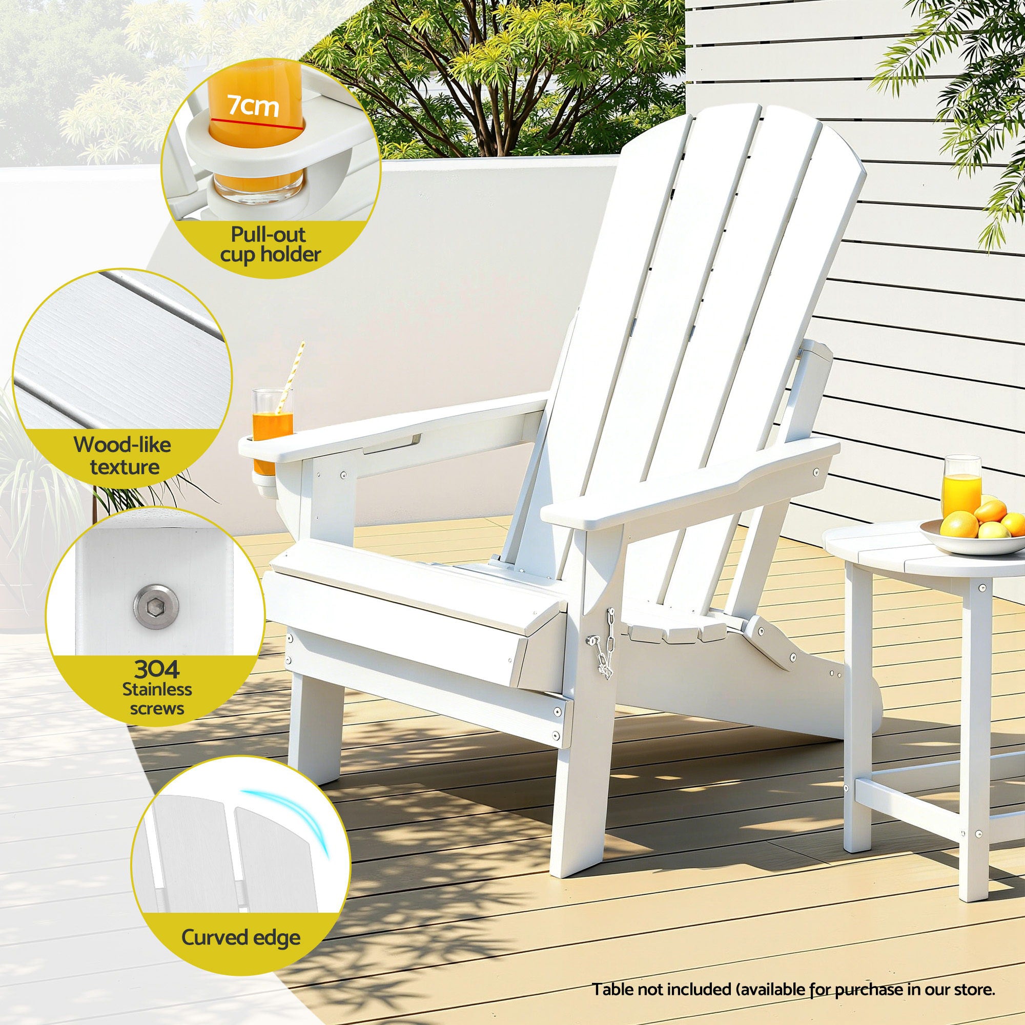 Folding Adirondack Outdoor Beach Chair HDPE Sun Lounge Patio Furniture - White