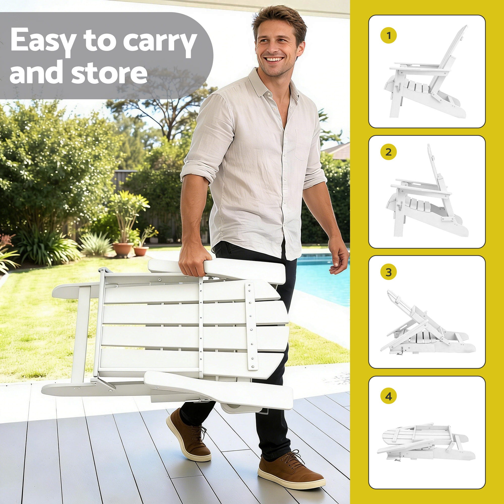 Folding Adirondack Outdoor Beach Chair HDPE Sun Lounge Patio Furniture - White