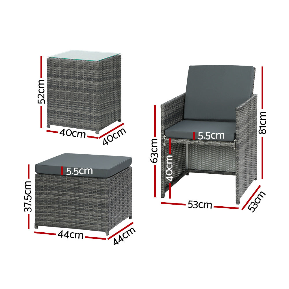 5PC Wicker Bistro Set with Table, Chairs & Ottoman - Grey