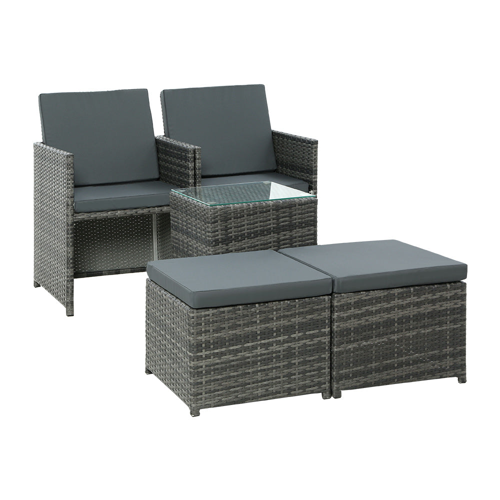 5PC Wicker Bistro Set with Table, Chairs & Ottoman - Grey