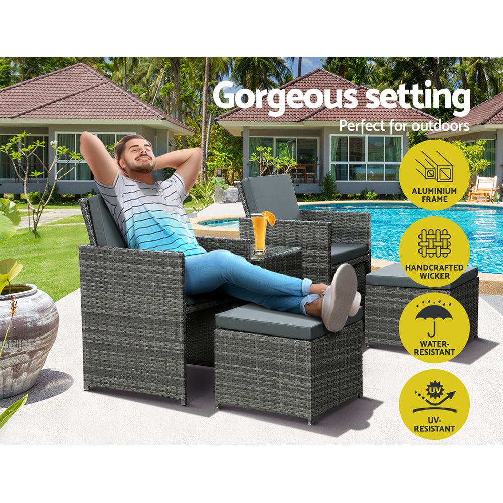 5PC Wicker Bistro Set with Table, Chairs & Ottoman - Grey