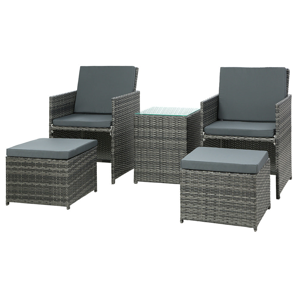 5PC Wicker Bistro Set with Table, Chairs & Ottoman - Grey