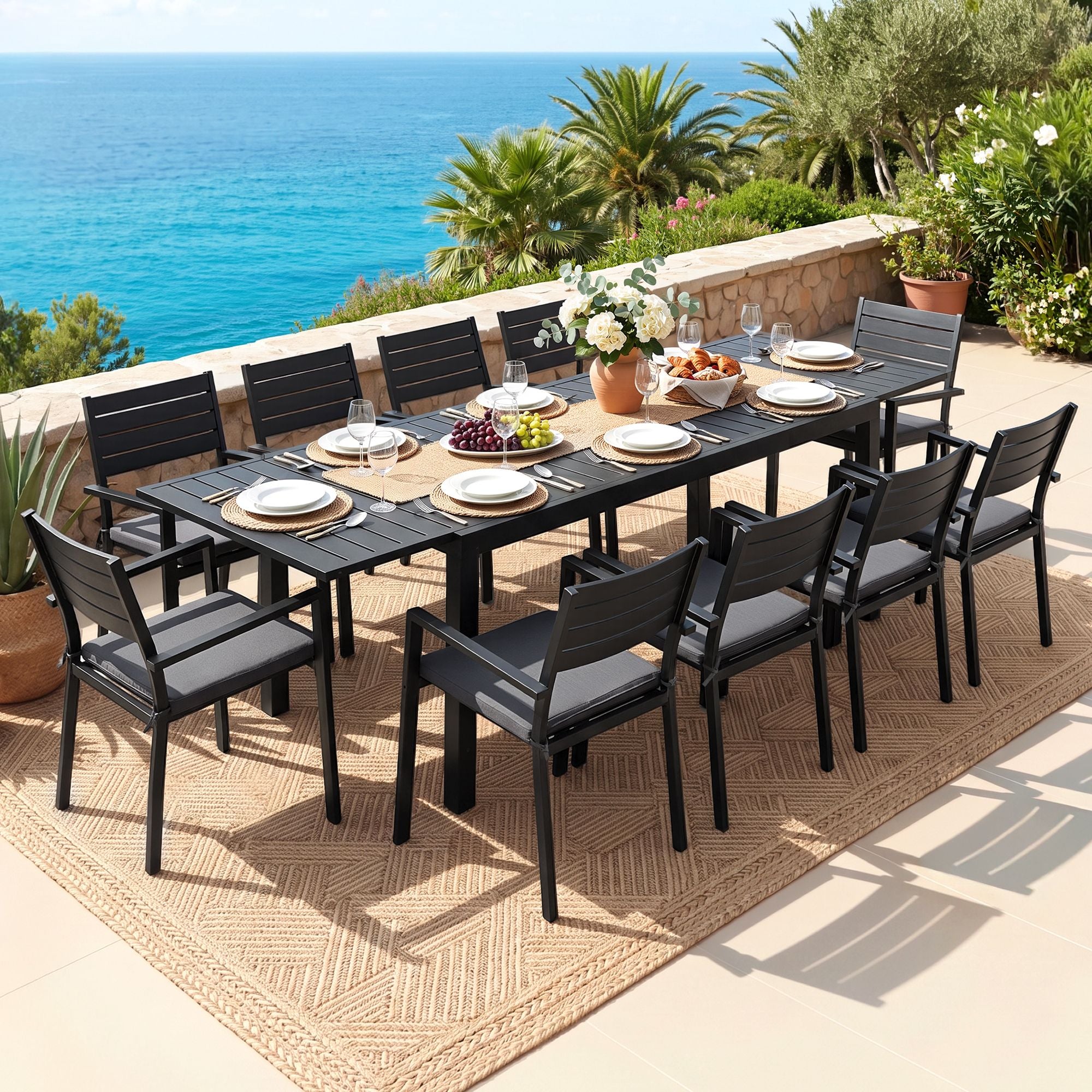 11PCS Outdoor Extendable Aluminum Dining Set with Chairs - Black