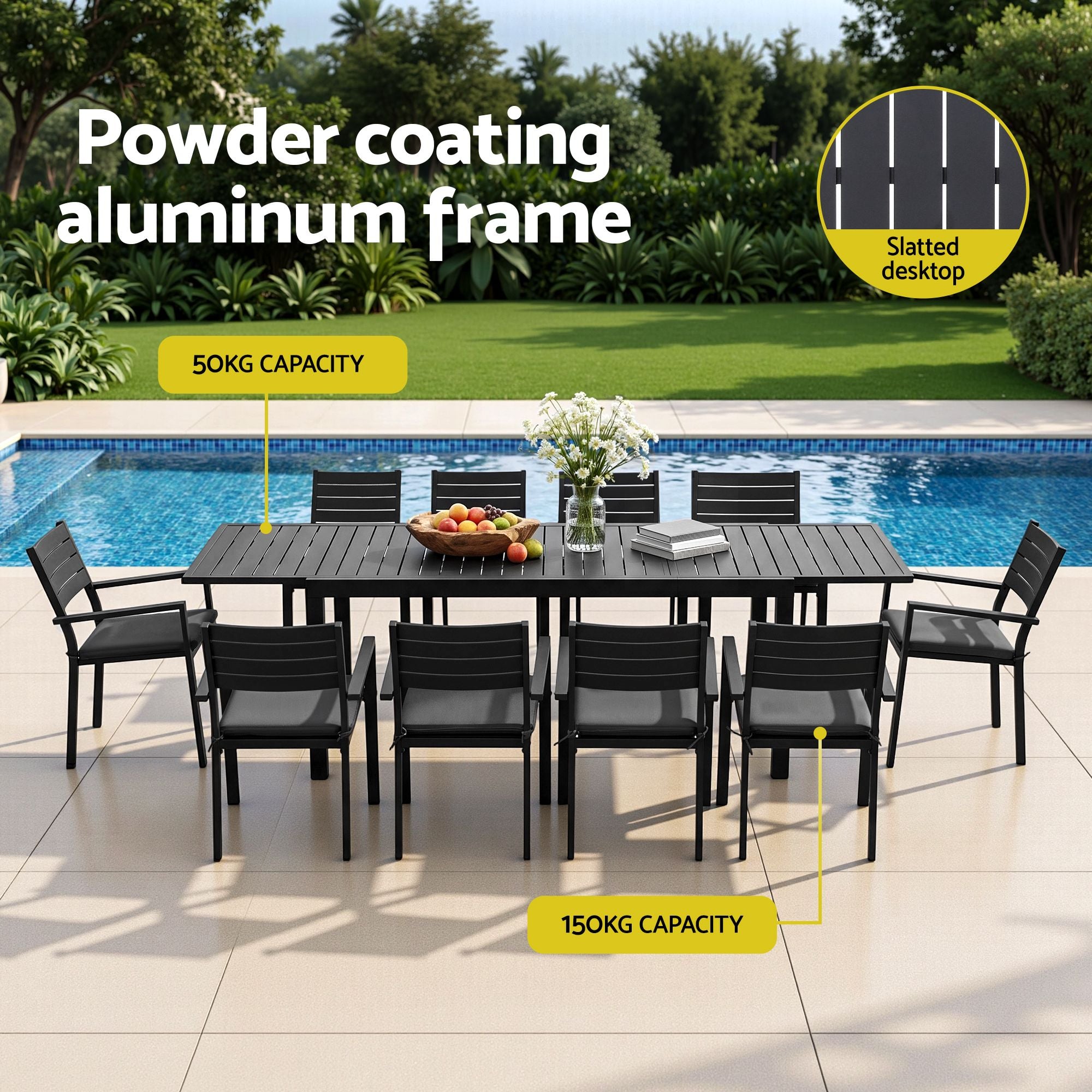 11PCS Outdoor Extendable Aluminum Dining Set with Chairs - Black