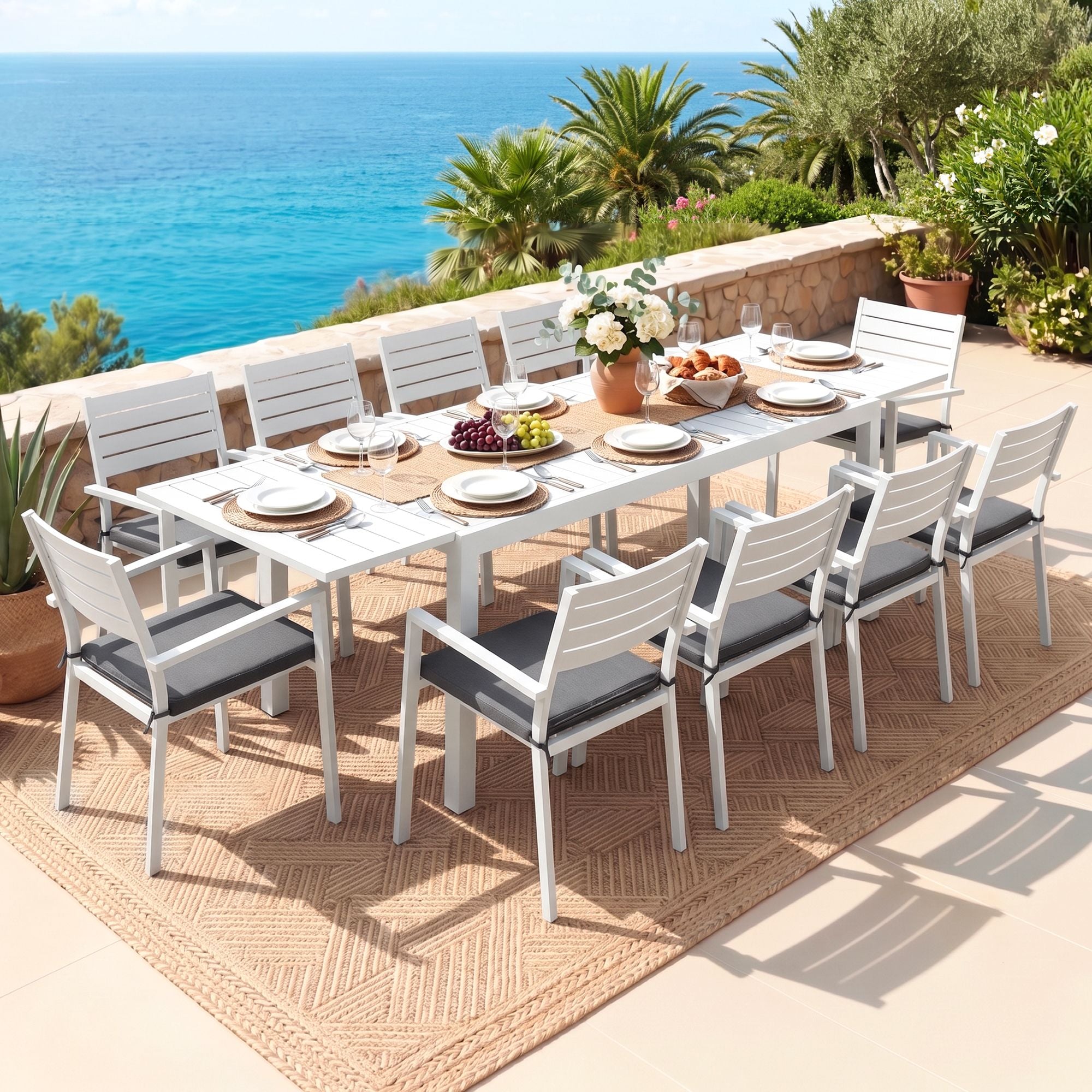 11PCS Outdoor Extendable Aluminum Dining Set with 10 Chairs - White