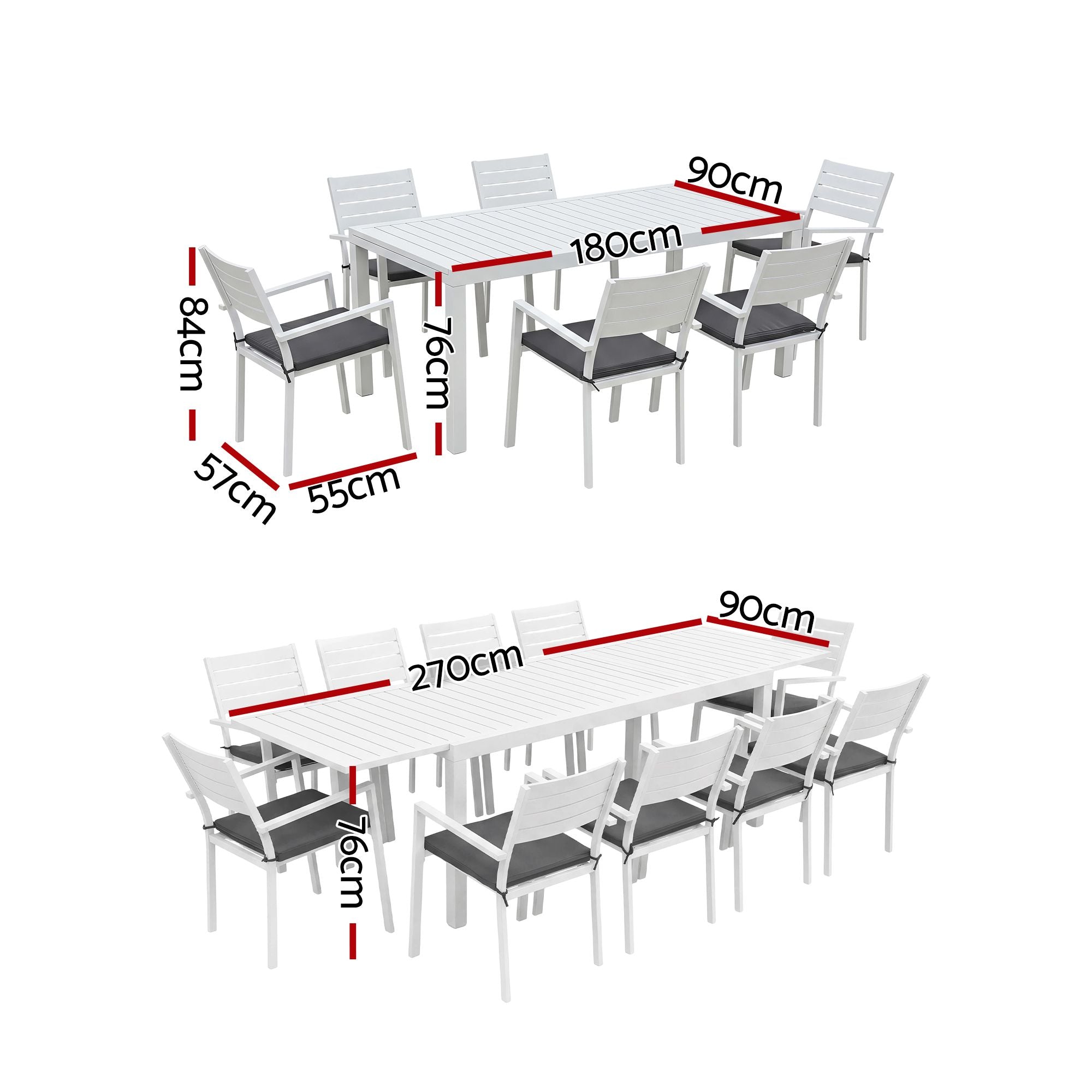 11PCS Outdoor Extendable Aluminum Dining Set with 10 Chairs - White