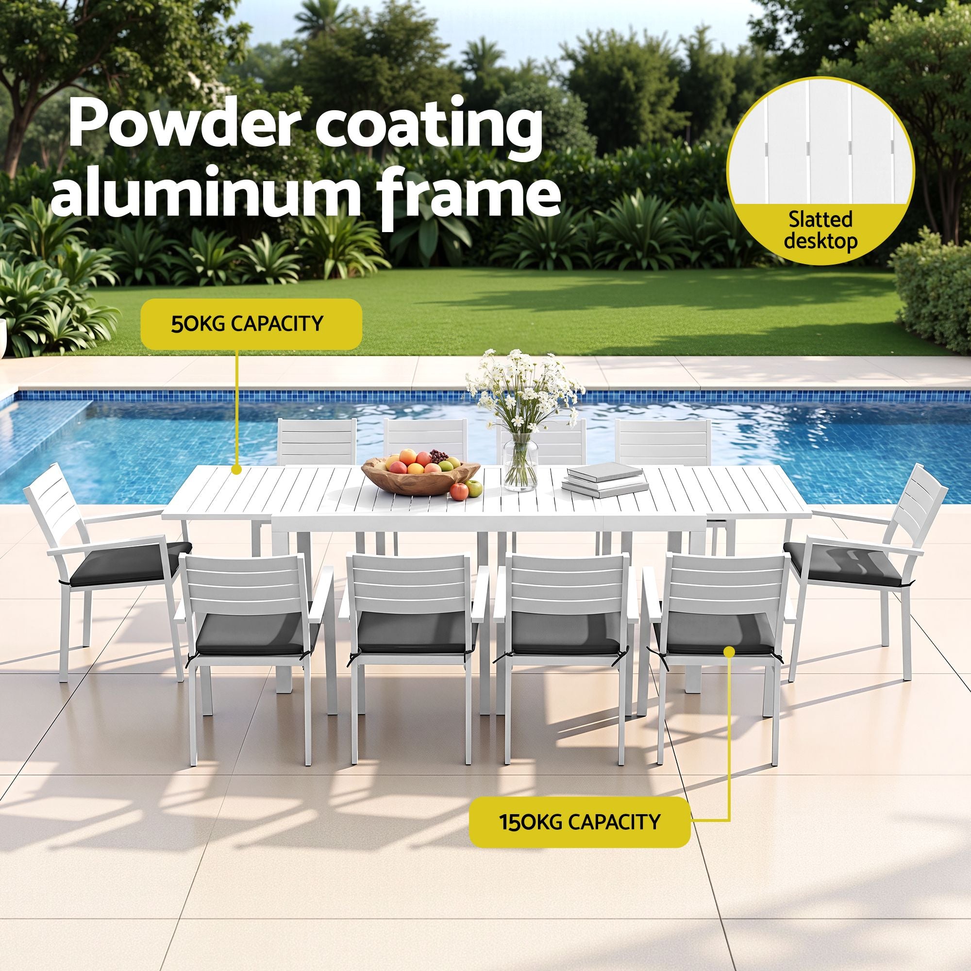 11PCS Outdoor Extendable Aluminum Dining Set with 10 Chairs - White