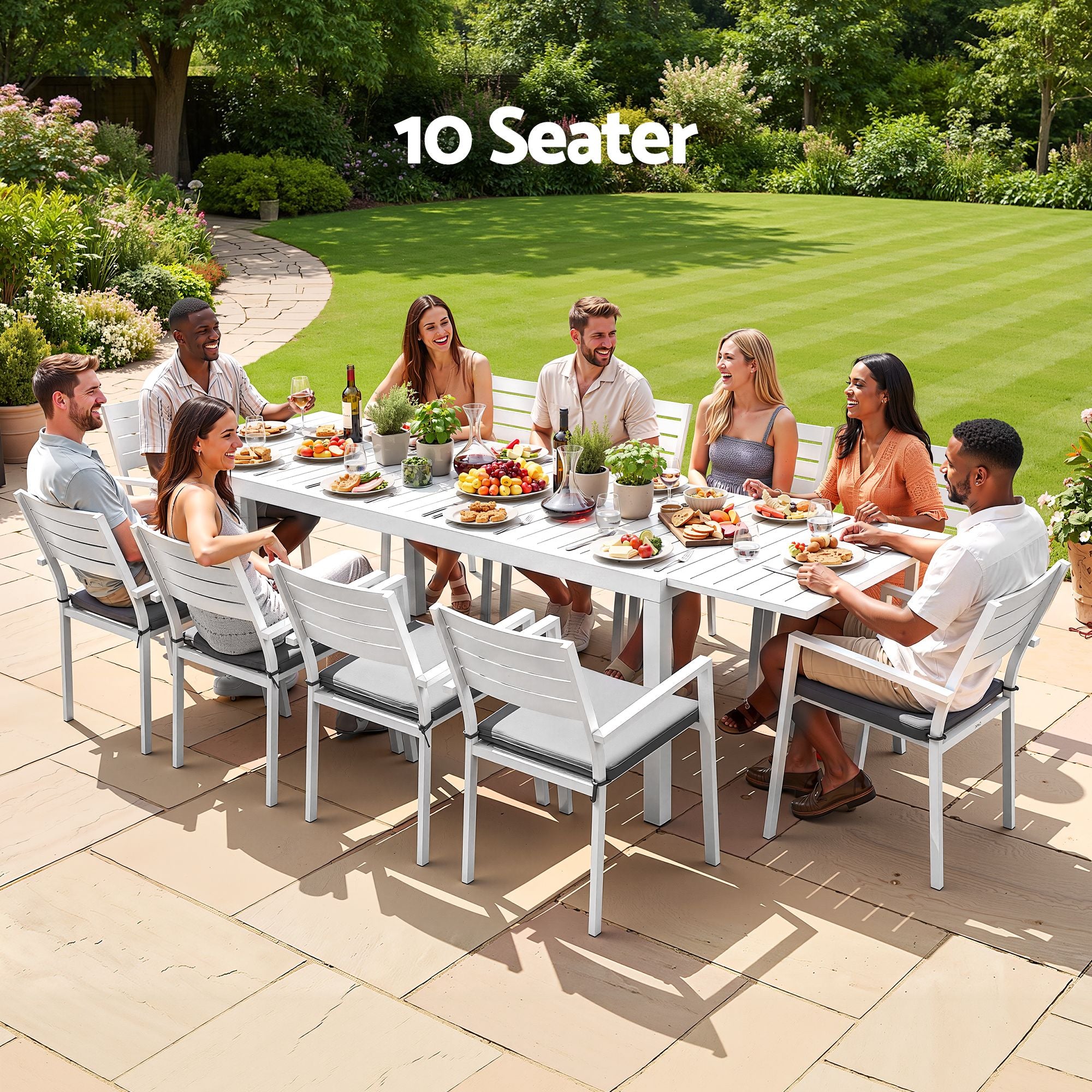 11PCS Outdoor Extendable Aluminum Dining Set with 10 Chairs - White
