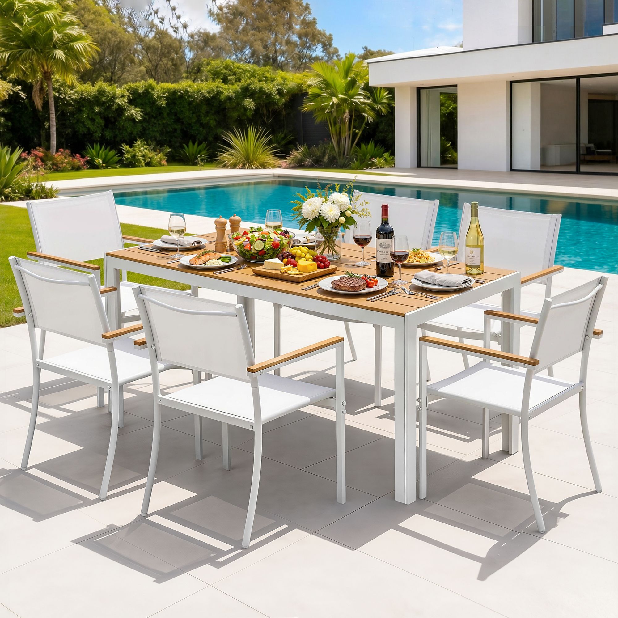 7PCS Outdoor Dining Set Table and Chairs Patio Garden Furniture Bistro Set White