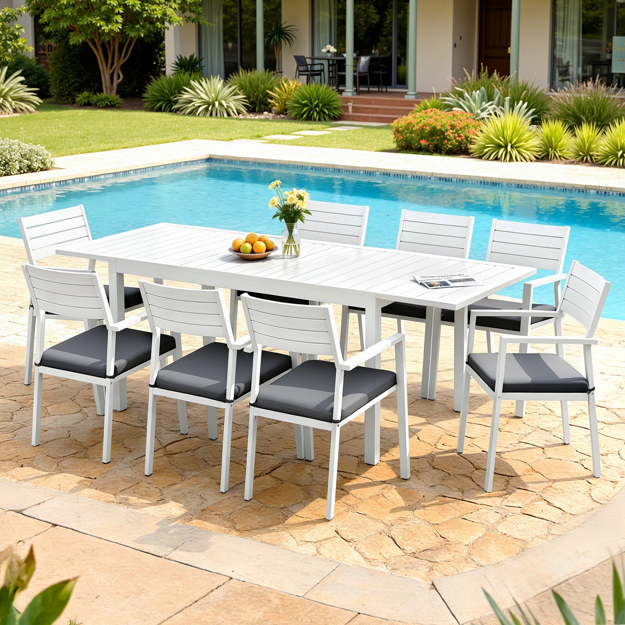 9PCS Outdoor Extendable Aluminum Dining Set with Cushions - White