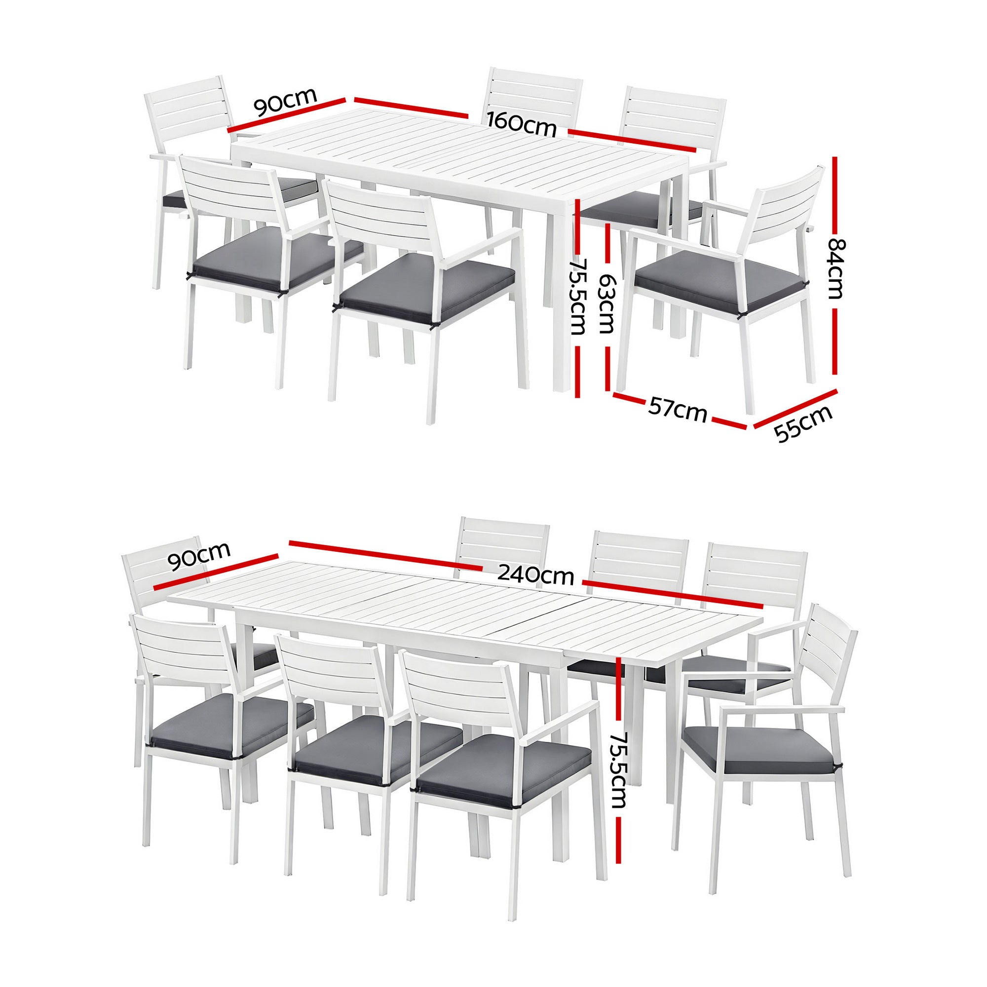 9PCS Outdoor Extendable Aluminum Dining Set with Cushions - White