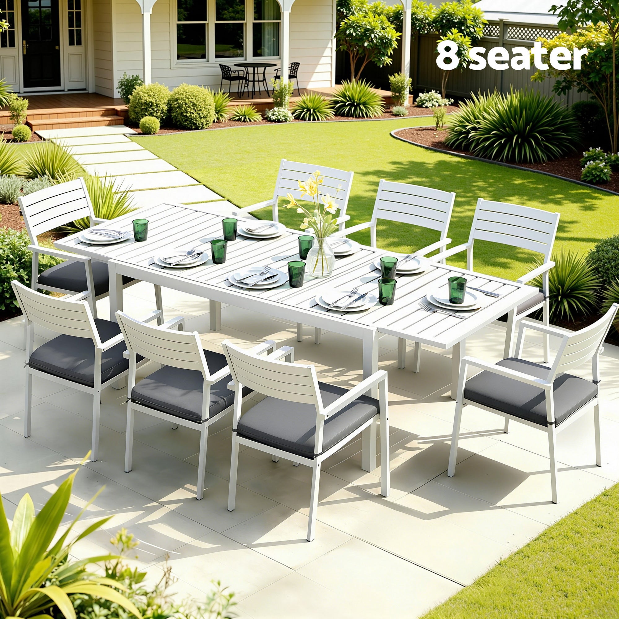 9PCS Outdoor Extendable Aluminum Dining Set with Cushions - White