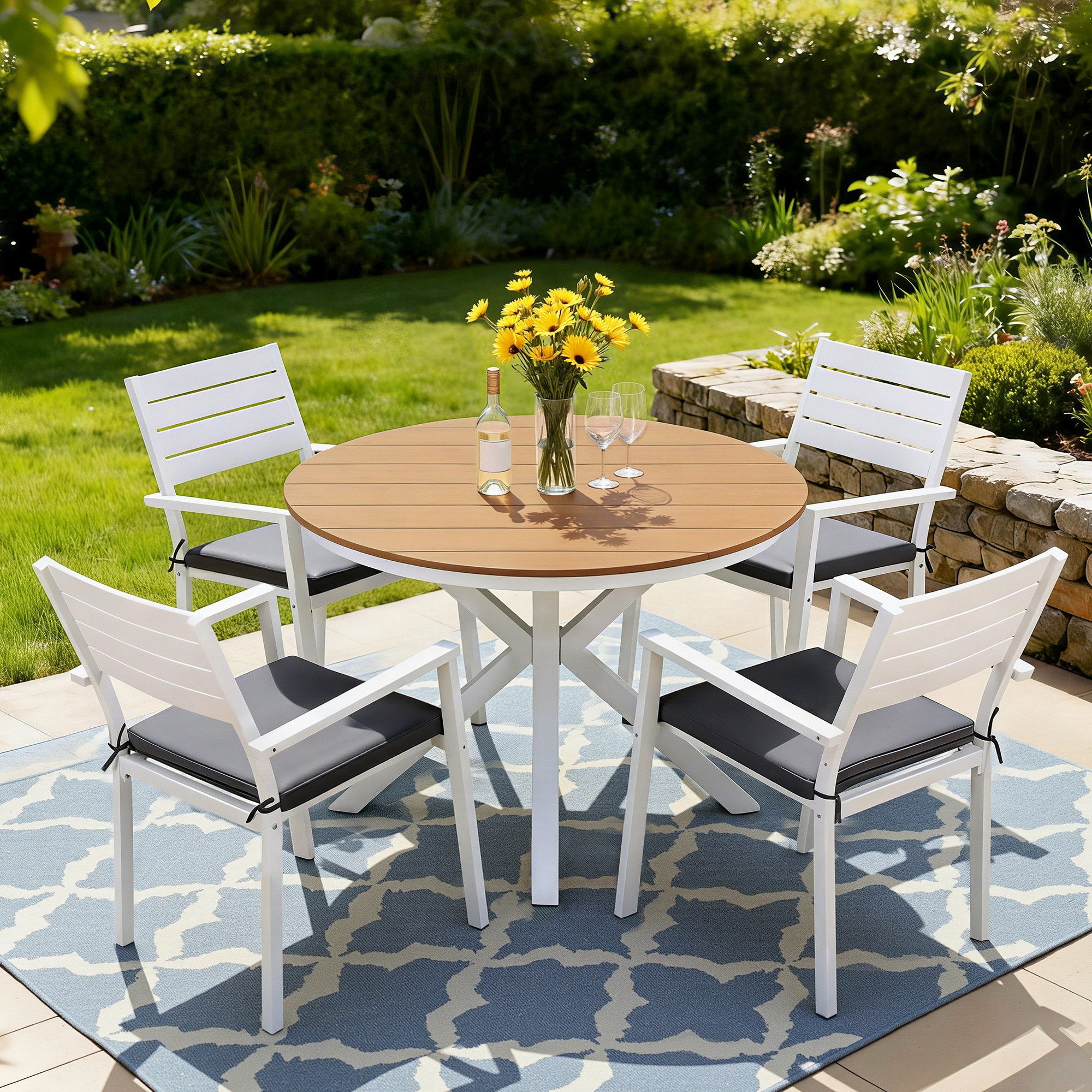 5 Piece Outdoor Dining Set Aluminum Frame WPC Tabletop - Natural White