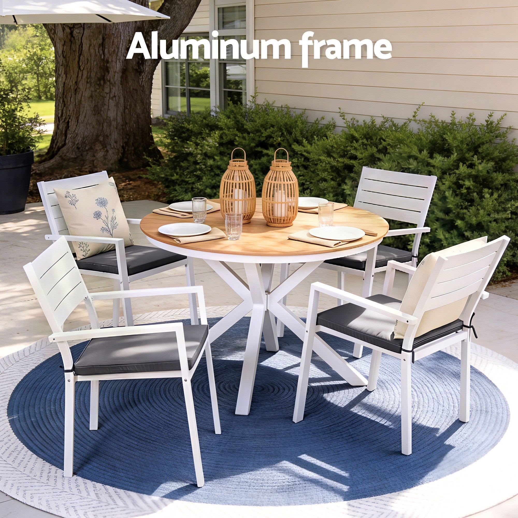 5 Piece Outdoor Dining Set Aluminum Frame WPC Tabletop - Natural White