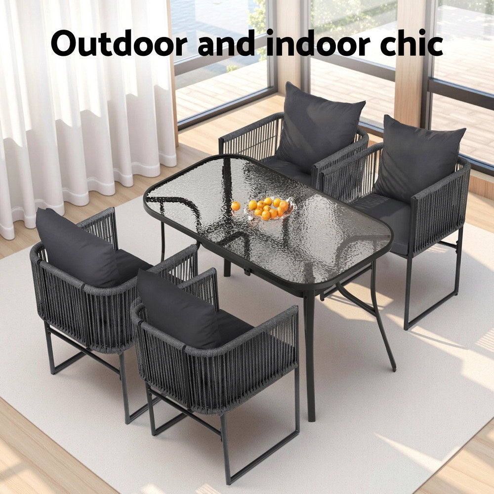5PCS Outdoor Dining Set Table and Chairs Rope Patio Furniture Garden Black