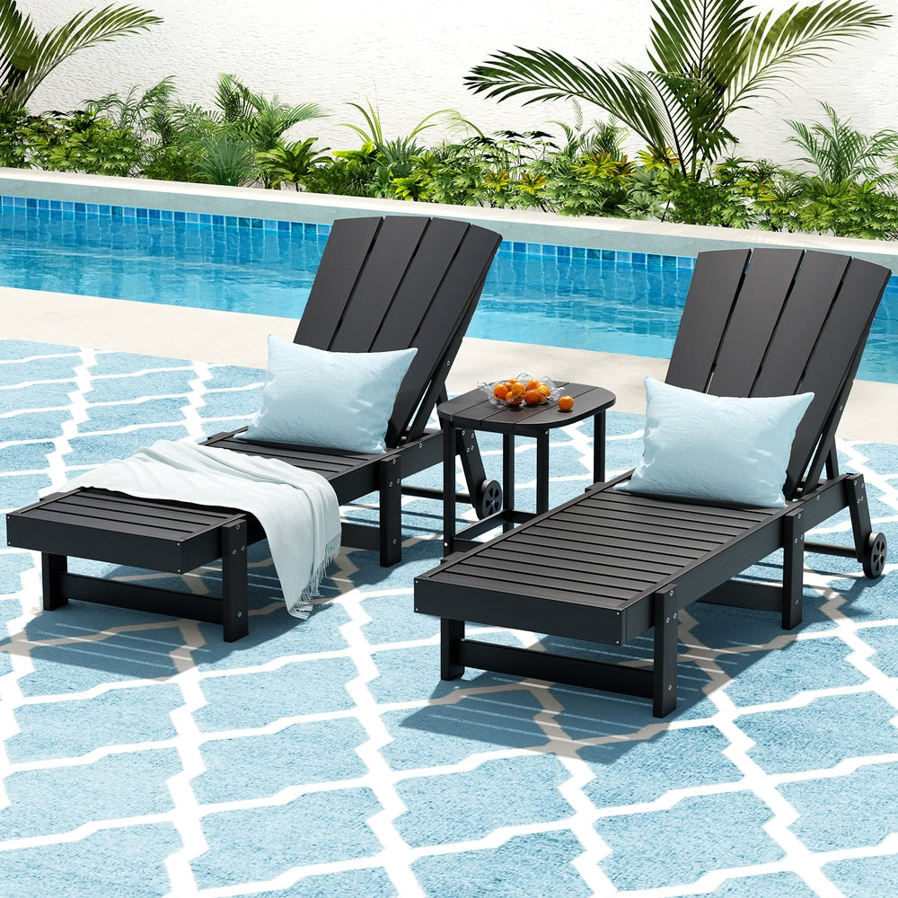 Sun Lounge Lounger Table and Chairs Beach Chair HDPE Patio Outdoor Furniture Wheels Black
