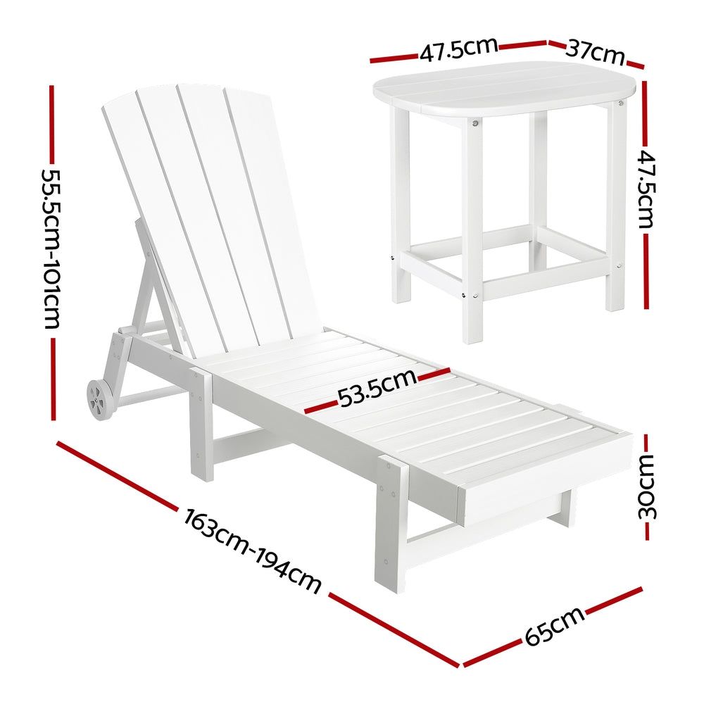 Sun Lounge Lounger Table and Chairs Beach Chair Adirondack HDPE Patio Outdoor Furniture Wheels White