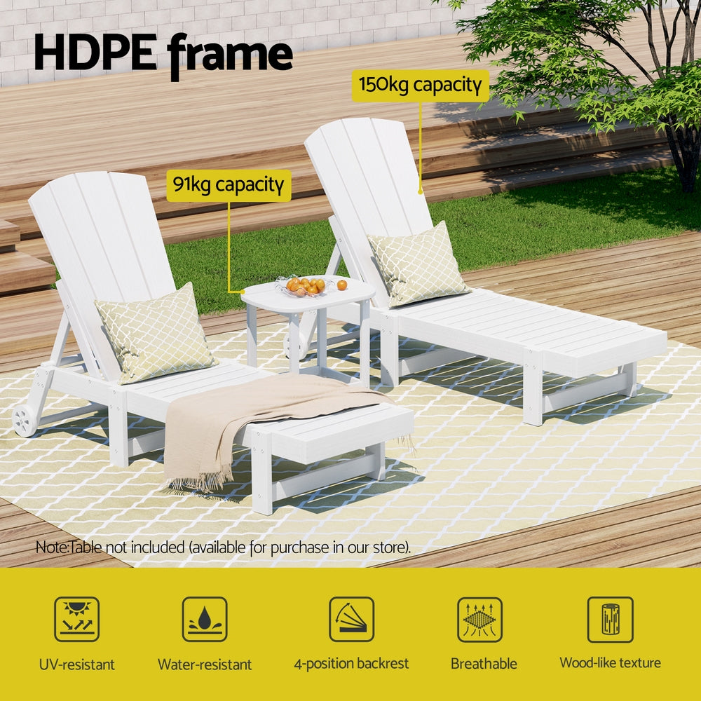 Sun Lounge Lounger Table and Chairs Beach Chair Adirondack HDPE Patio Outdoor Furniture Wheels White