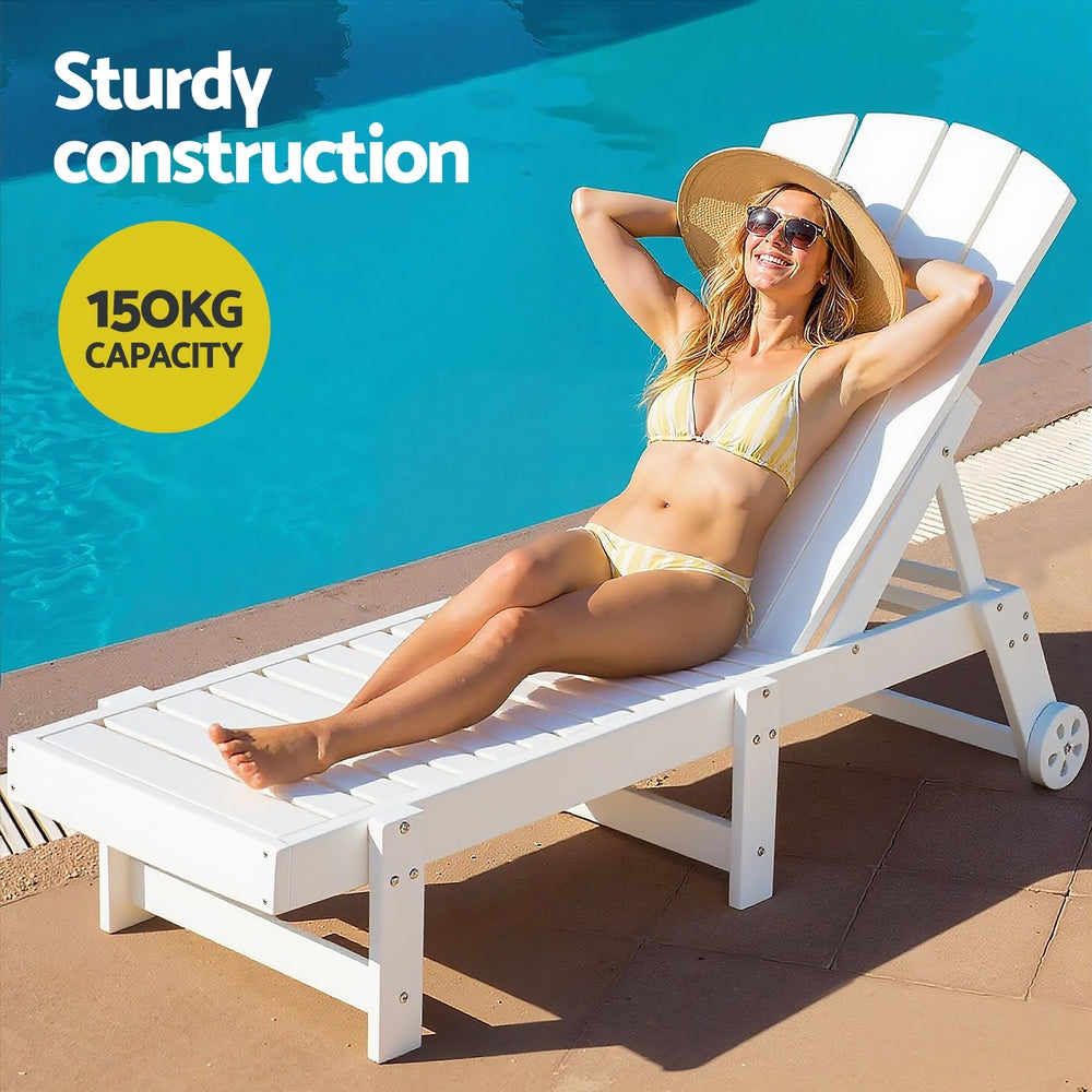 Sun Lounge Lounger Table and Chairs Beach Chair Adirondack HDPE Patio Outdoor Furniture Wheels White