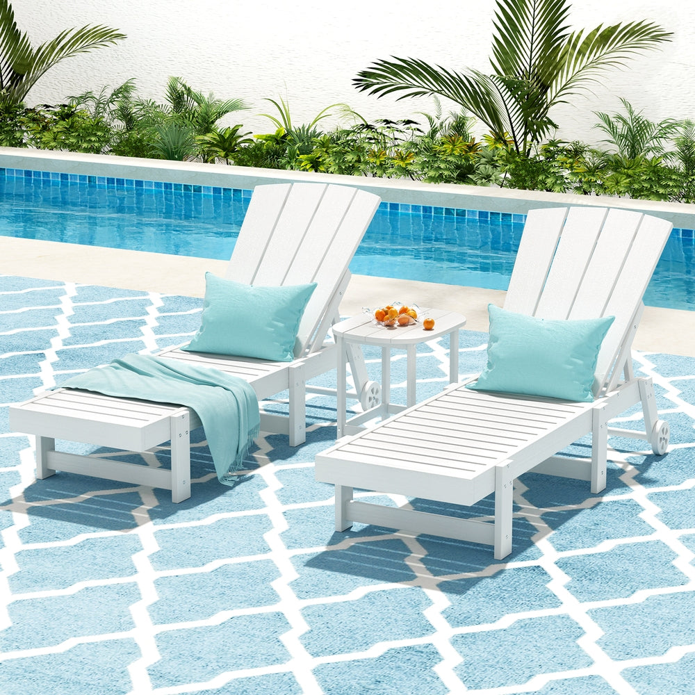 Sun Lounge Lounger Table and Chairs Beach Chair Adirondack HDPE Patio Outdoor Furniture Wheels White
