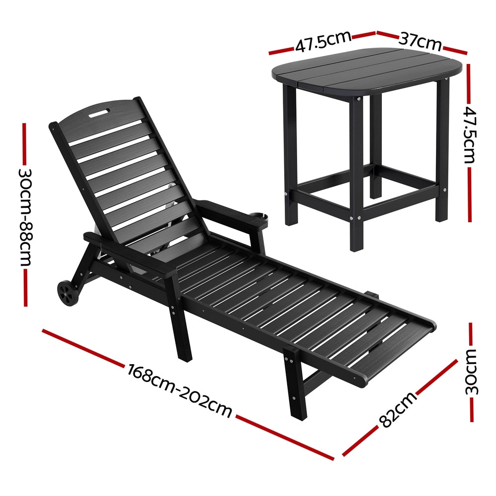 Sun Lounge Lounger Beach Chair HDPE Patio Outdoor Furniture with Wheels Black