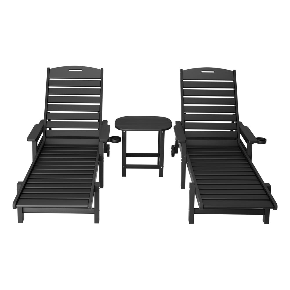 Sun Lounge Lounger Beach Chair HDPE Patio Outdoor Furniture with Wheels Black