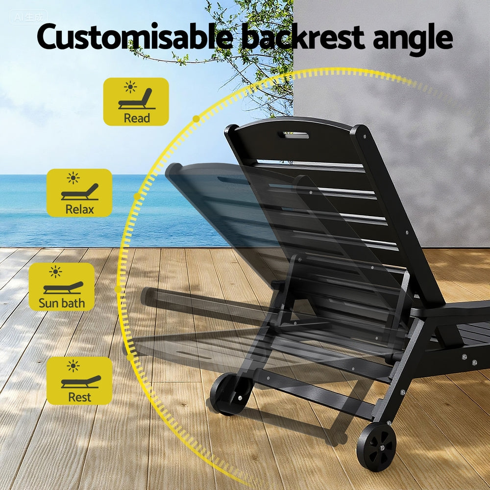 Sun Lounge Lounger Beach Chair HDPE Patio Outdoor Furniture with Wheels Black