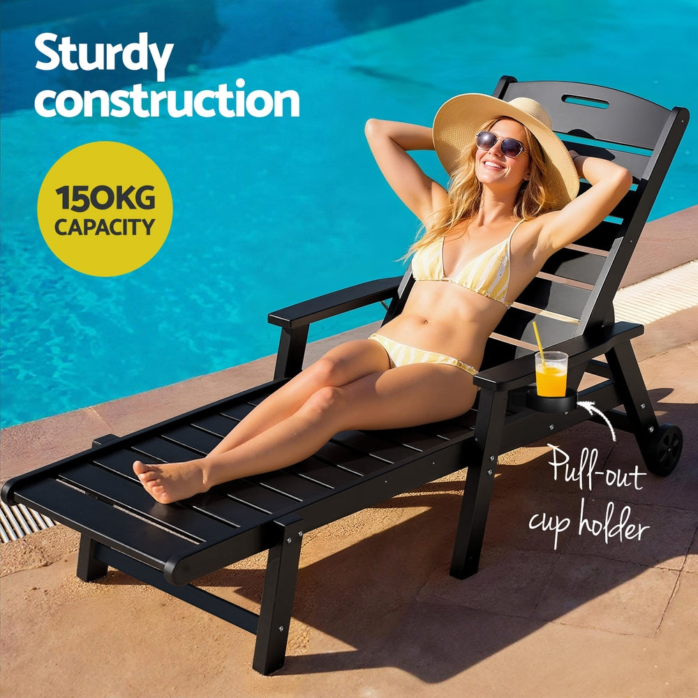 Sun Lounge Lounger Beach Chair HDPE Patio Outdoor Furniture with Wheels Black